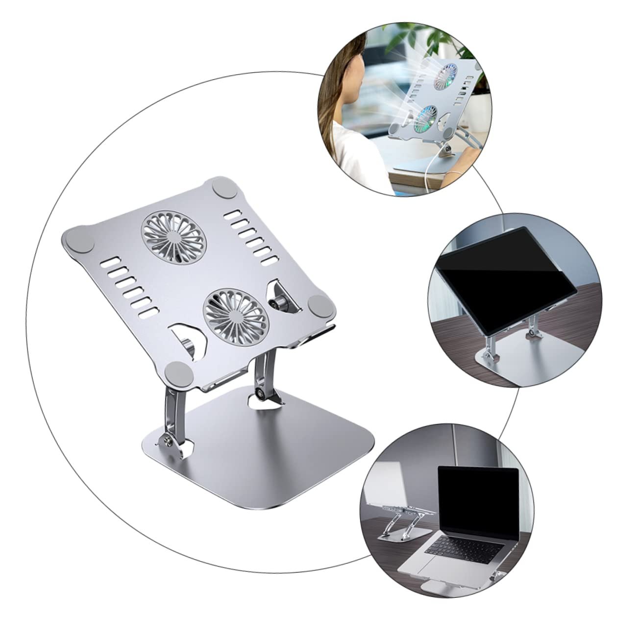 Підставка для ноутбука складана з вентилятором охолодженням алюмінієва регульована срібна, фото №3