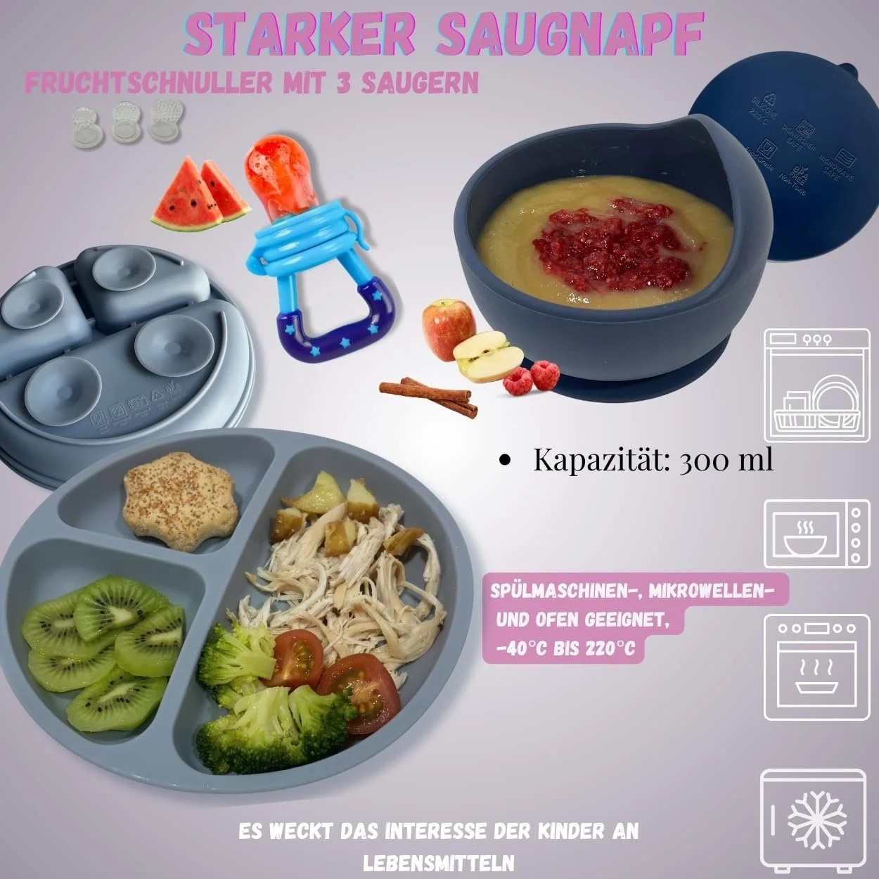 Набір силіконового дитячого посуду FlexiTot з присоскою, мискою, поїльником, слинявчиком та столовими приборами Синій, фото №3 Набір силіконового дитячого посуду FlexiTot з присоскою, мискою, поїльником, слинявчиком та столовими приборами Синій, фото №3