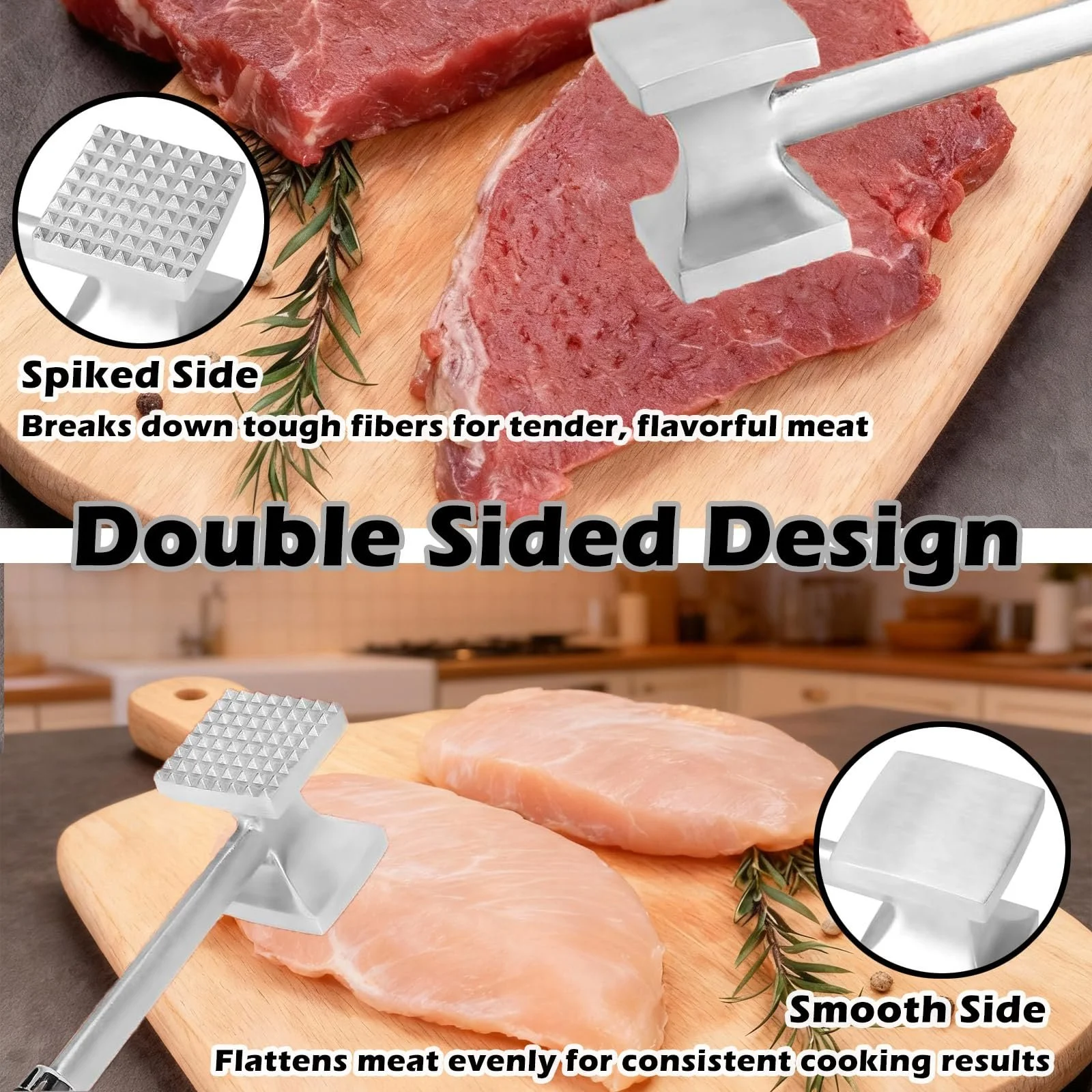 Молоток для мяса Stainless Steel двухсторонний с шипами и гладкой поверхностью нескользящая ручка, фото №3