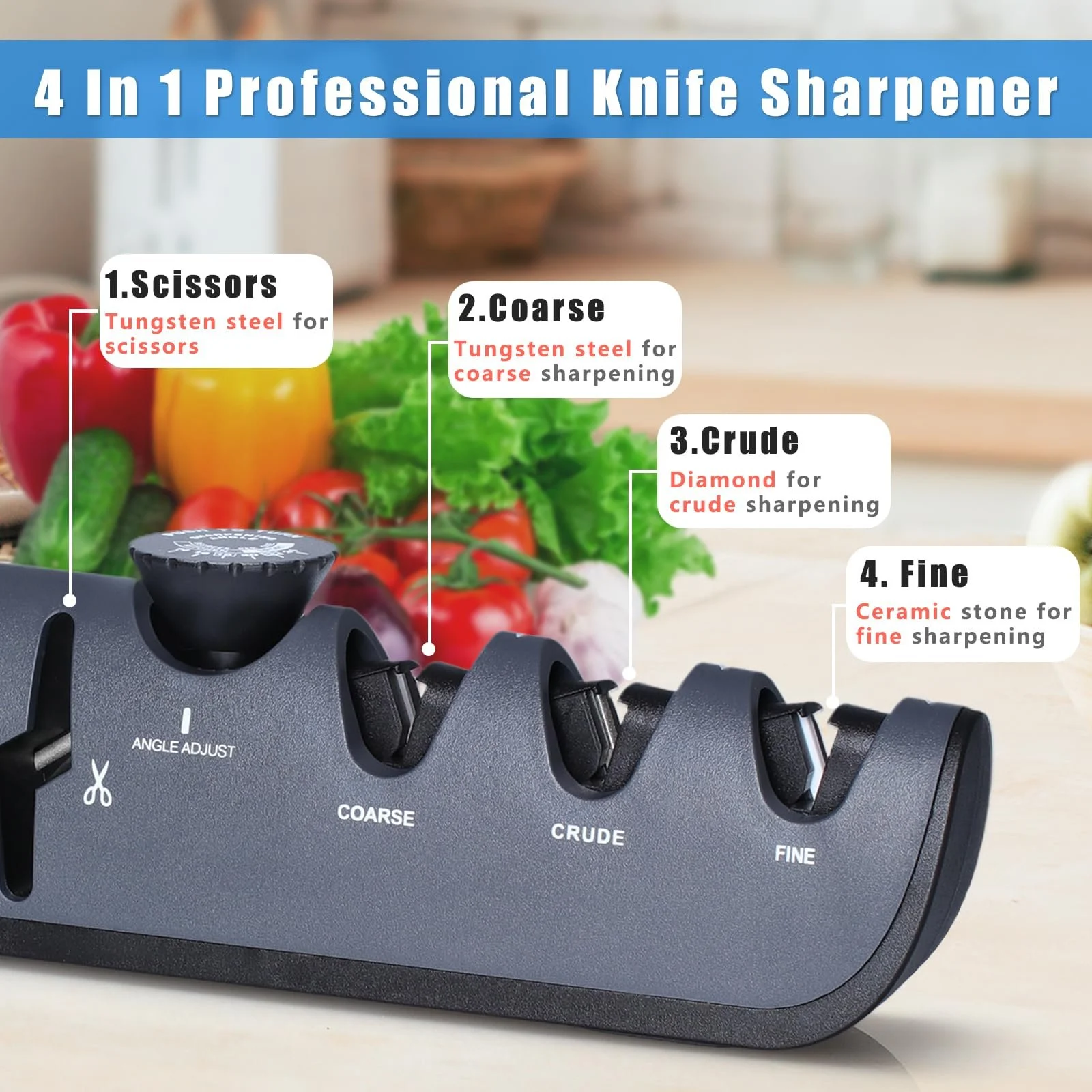 Точило для ножів Alyvisun Ручне Професійне 4-в-1 Ергономічна ручка Нековзна основа Чорне, фото №2