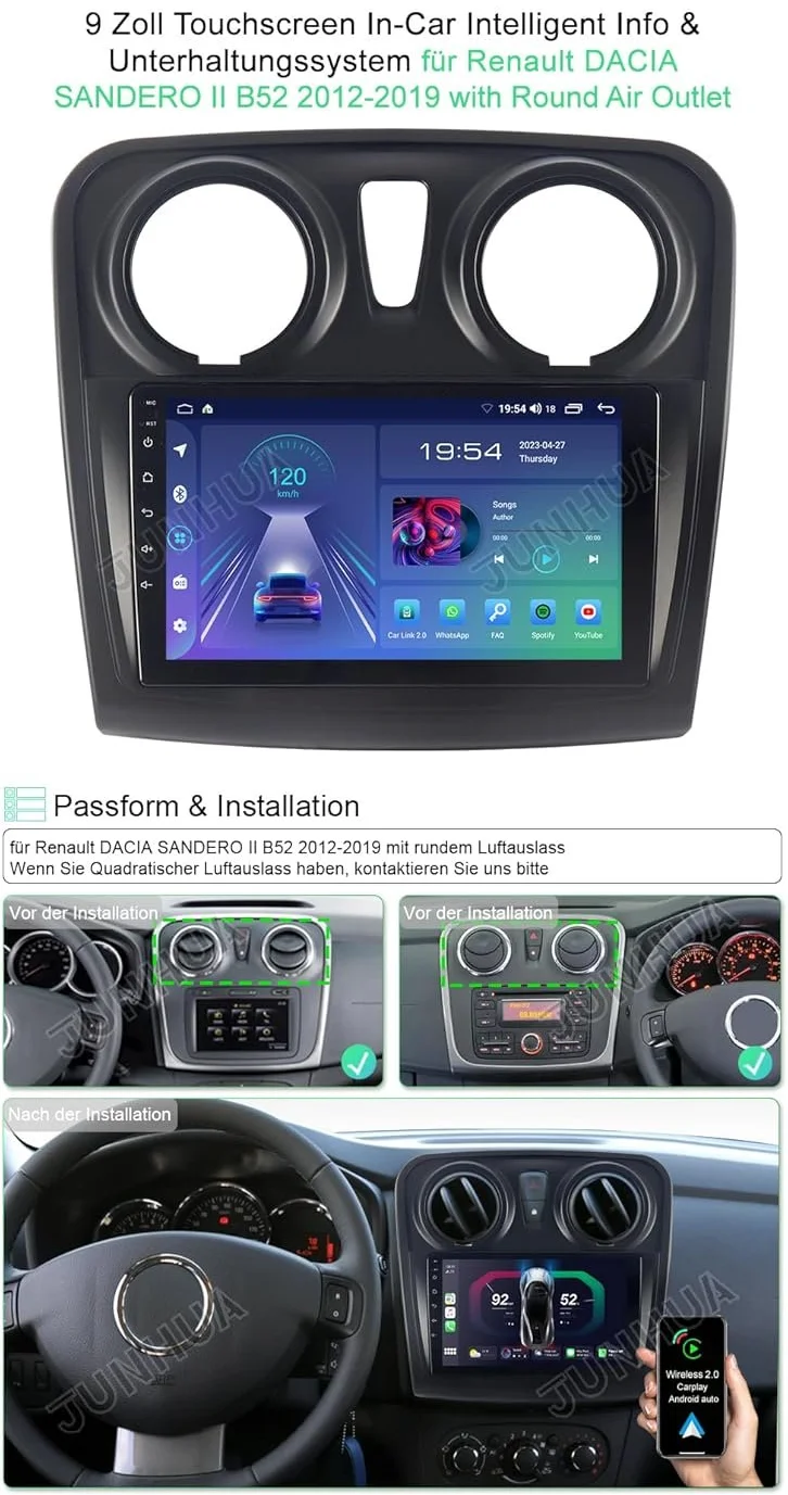 Штатная автомагнитола JUNHUA для Renault Dacia Sandero II B52 2012-2019 / 9" / Сенсорная / Apple CarPlay / Android Auto / Bluetooth / WI-FI / GPS / USB, фото №5
