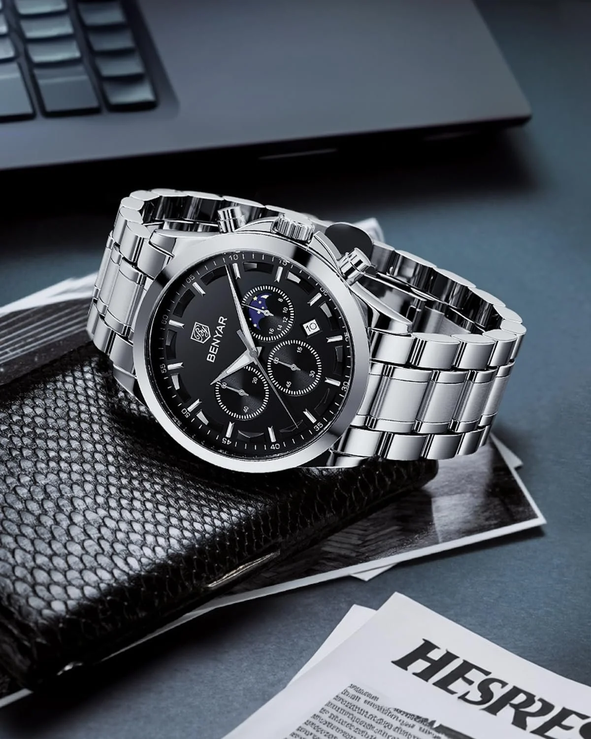 Чоловічий годинник Benyar Хронограф Водонепроникний Шкіряний Ремінець / Нержавіюча Сталь, фото №7