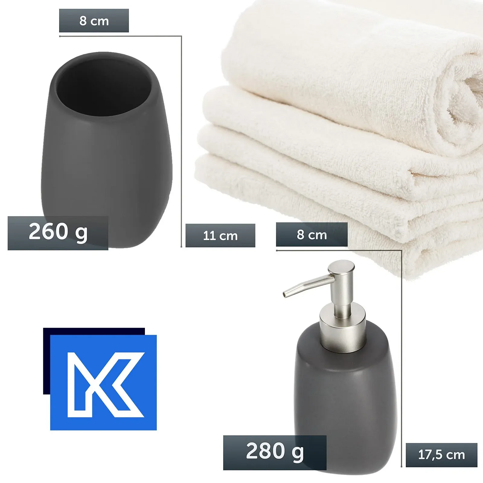 Набір для ванної кімнати KADAX, 2 предмети, кераміка, Стакан і Диспенсер, Антрацит, фото №2 Набір для ванної кімнати KADAX, 2 предмети, кераміка, Стакан і Диспенсер, Антрацит, фото №2