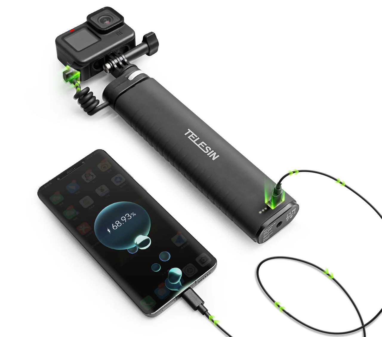 Ручка повербанк монопод для GoPro 11/10/9 телефону камери 10000мАг Type-C QC/PD3.0 Telesin TE-CSS-001, фото №3