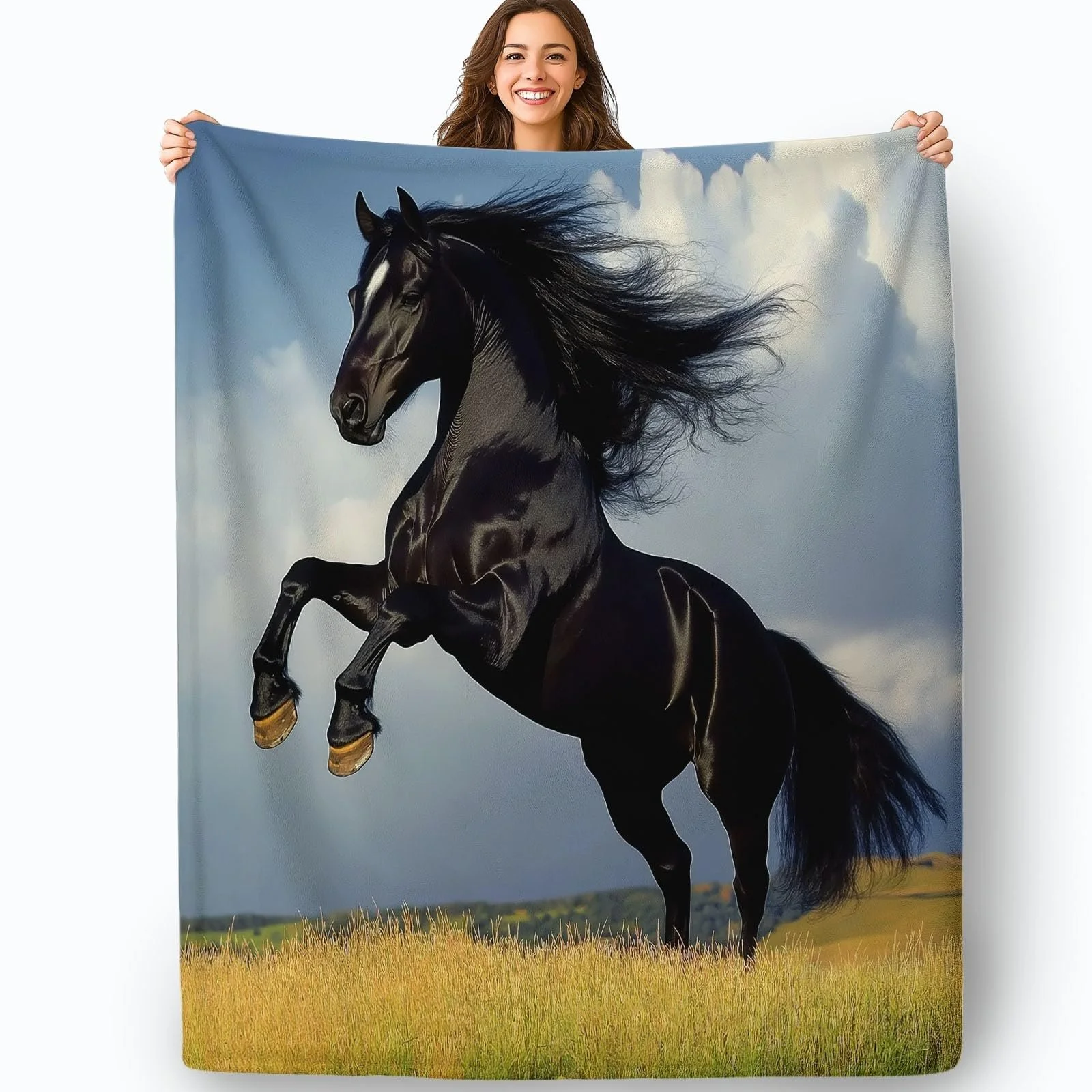 Покривало М'яка для дивану 200 x 200 см, Тепла з малюнком Поля Луки Коні, Чорно-жовта, фото №2