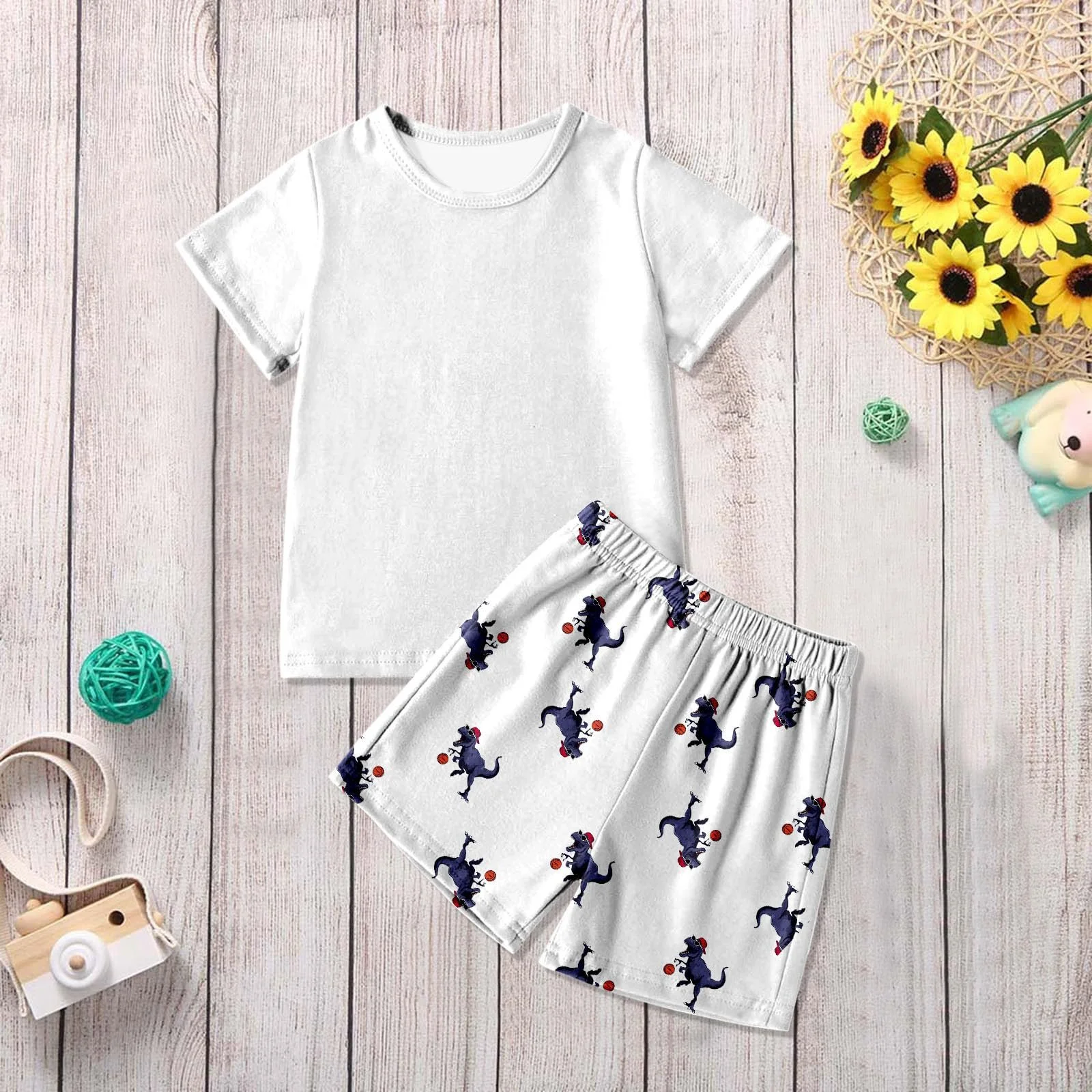 Піжамний набір для хлопчиків Футболка з короткими рукавами та шорти з принтом динозаврів, фото №4