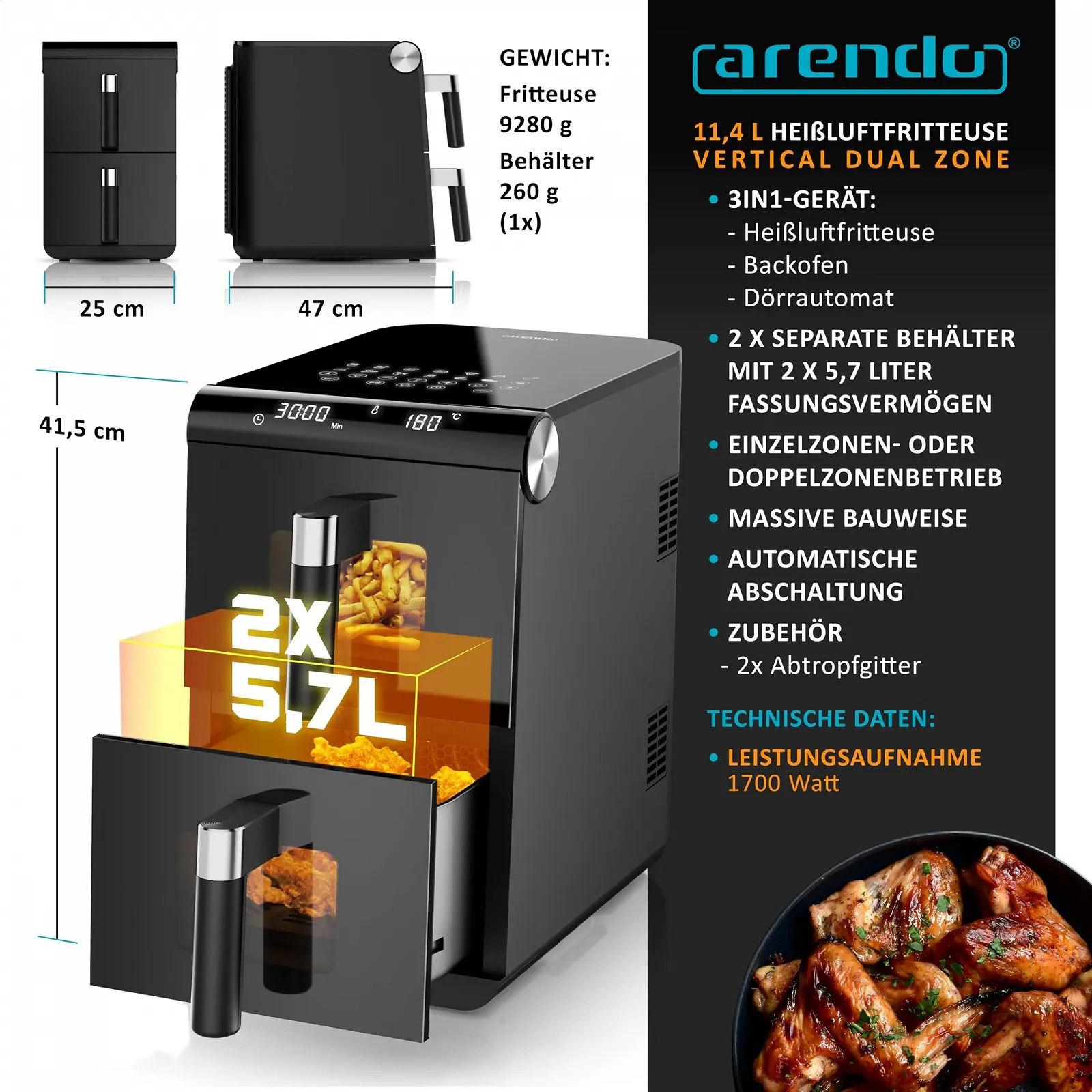 Мультипечь Arendo XXL Dual Zone 11.4 Л 2 зоны 13 программ, фото №2 Мультипечь Arendo XXL Dual Zone 11.4 Л 2 зоны 13 программ, фото №2