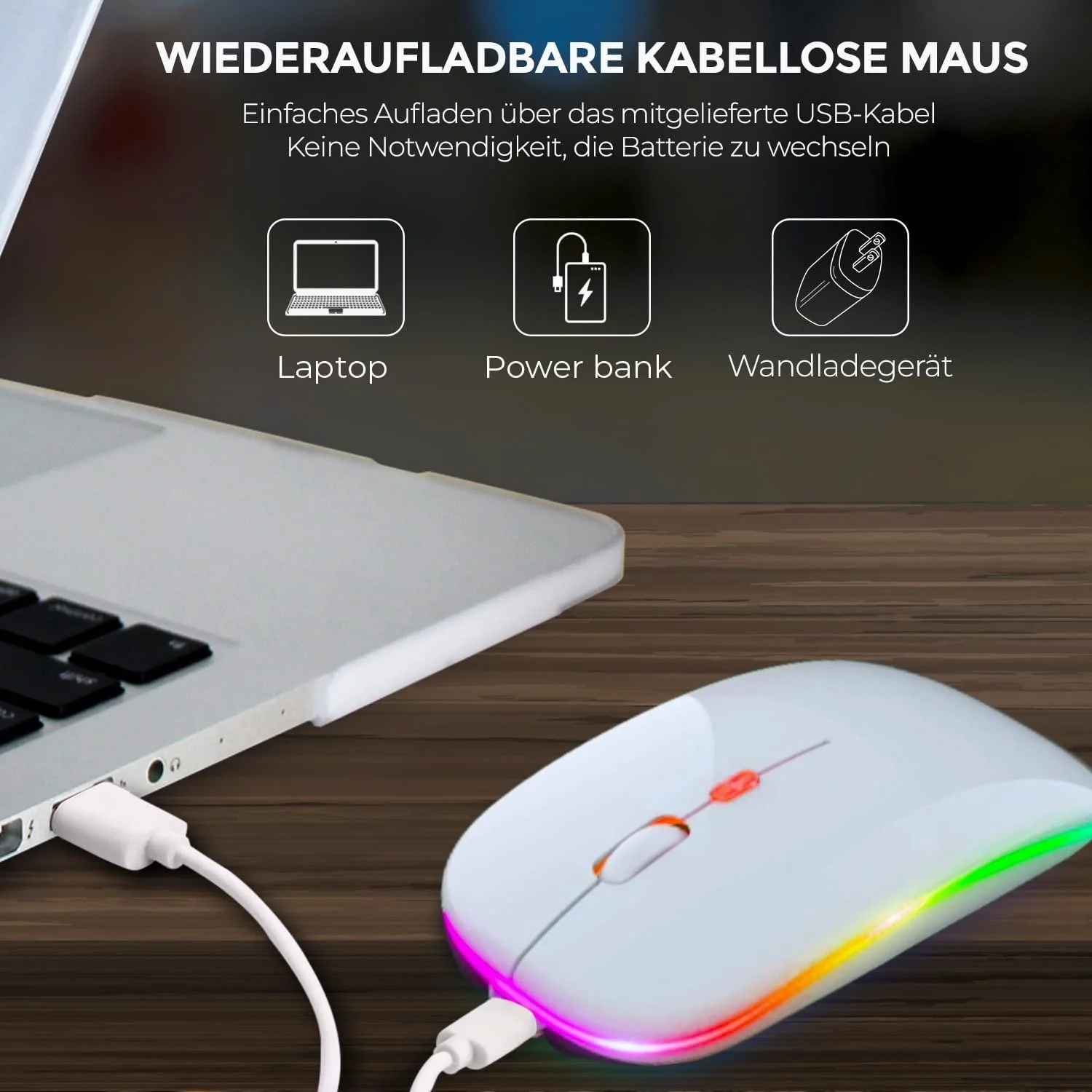 Мышь GLOBAL TECH Беспроводная Перезаряжаемая USB, 2.4G, Белая, фото №3