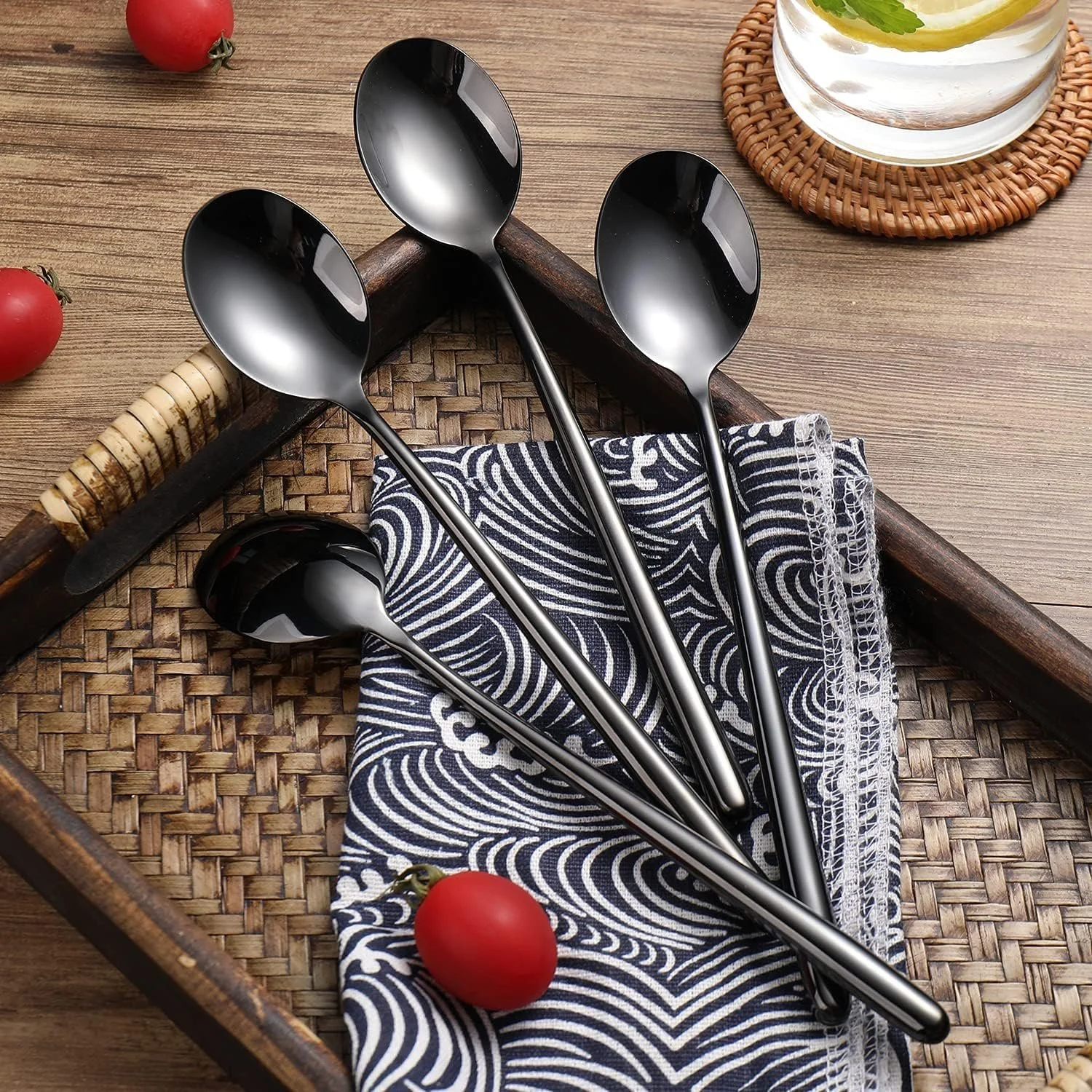 Ложка для супу з довгою ручкою Korean, сталева, набір 4 шт, 21.6 x 3.8 см, чорний, фото №5