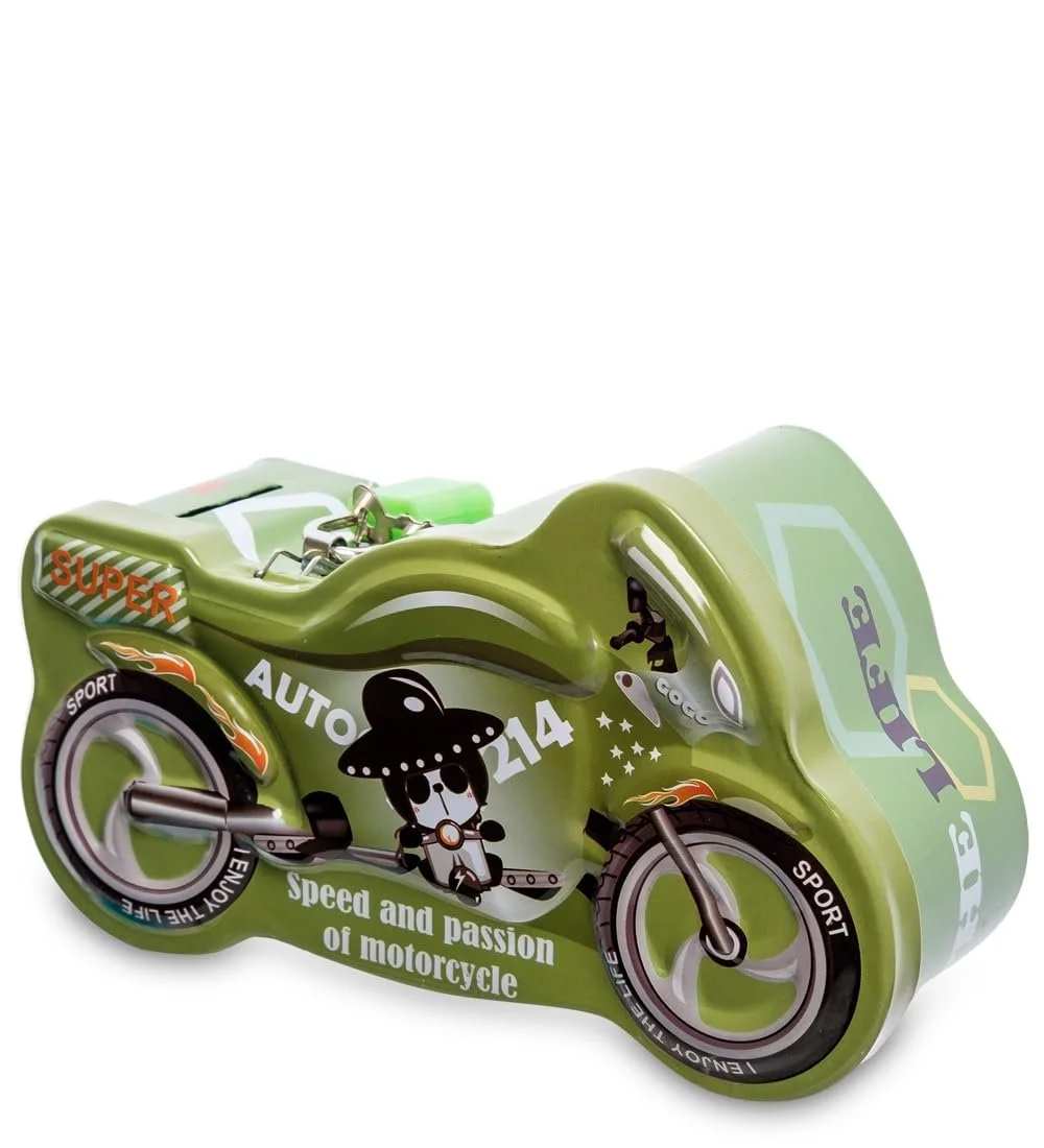 Скарбничка металева у формі мотоцикла з замком Зелена, фото №1