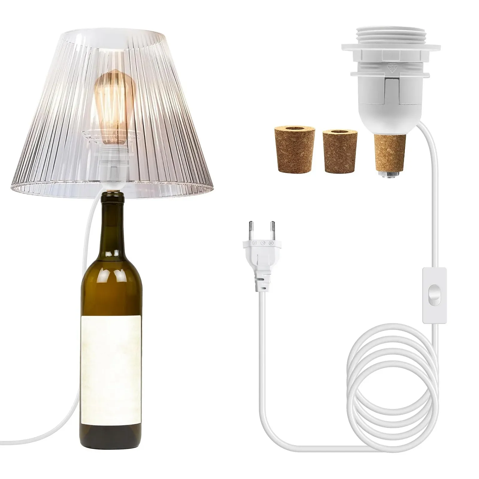 Тримач для ламп для пляшок E27 білий патрон з вимикачем та кабелем 240 см 3 типи пробок, фото №1