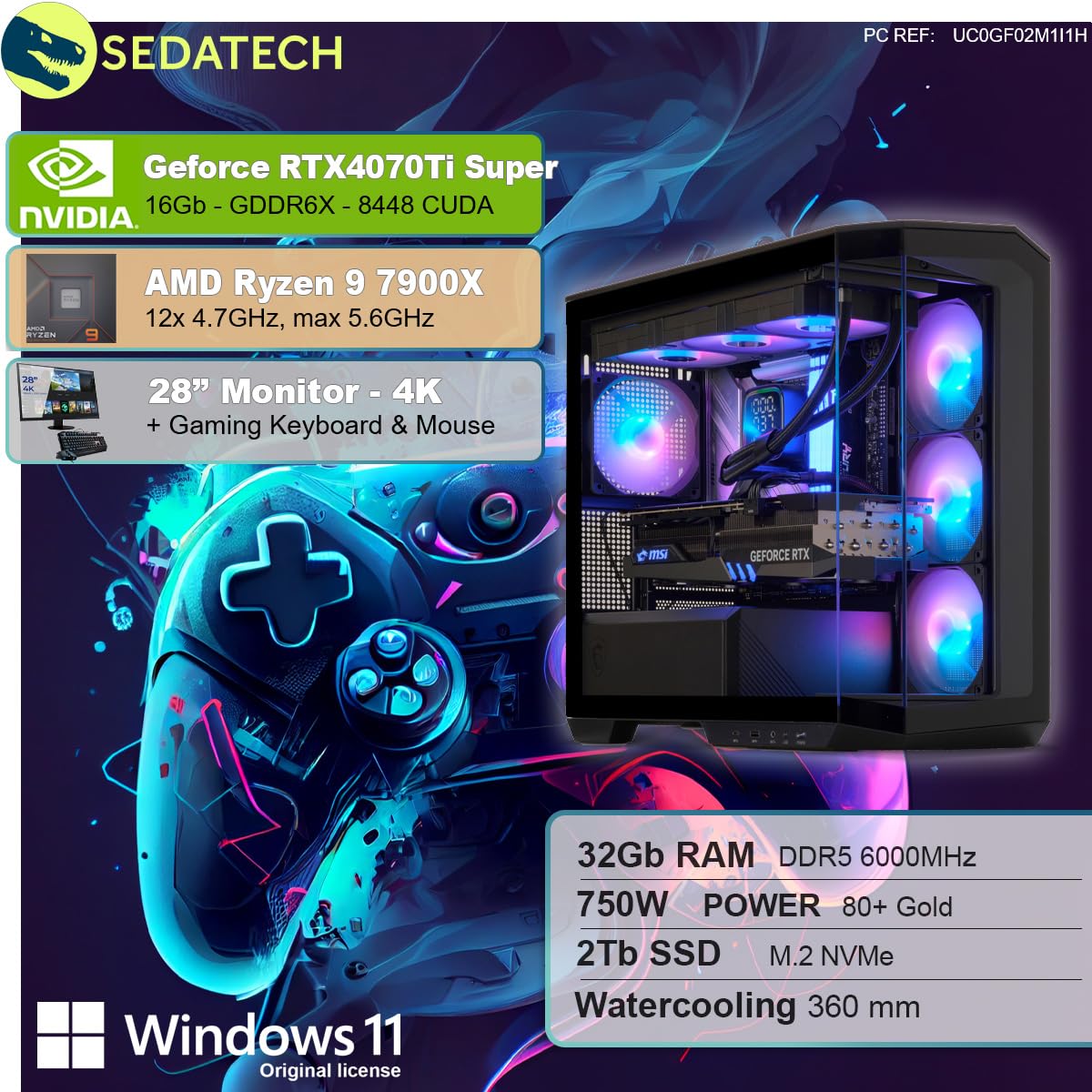 ПК Sedatech Package Advanced Gaming AMD Ryzen 9 7900X RTX4070Ti Super 32GB DDR5 2TB SSD M.2 Win 11 Монітор 28", фото №2