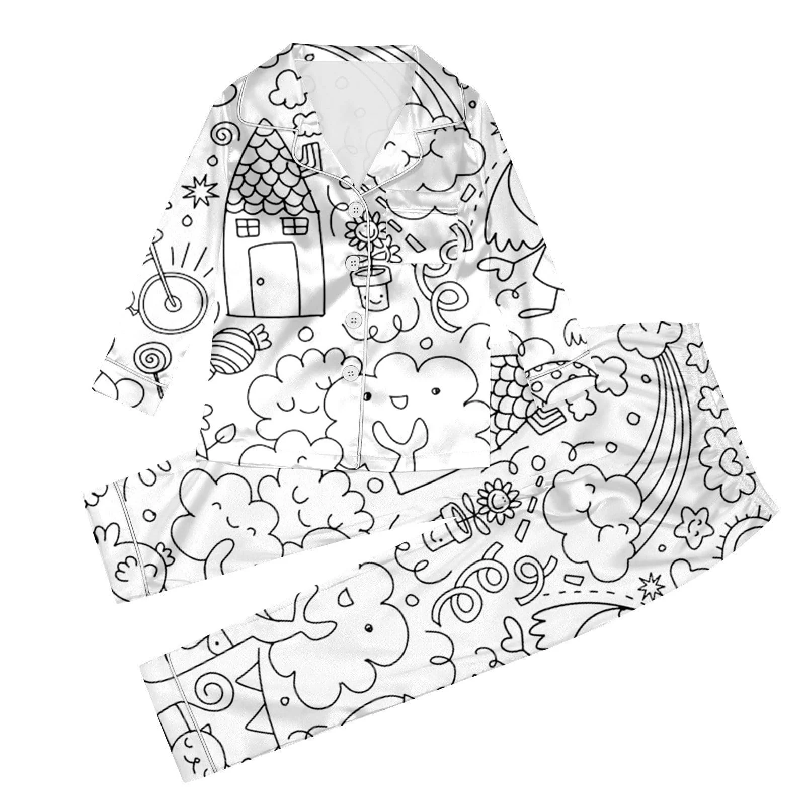 Піжама для розмальовування дитяча, зимовий домашній костюм, комплект з двох предметів, біла, з мультяшним принтом, фото №1 Піжама для розмальовування дитяча, зимовий домашній костюм, комплект з двох предметів, біла, з мультяшним принтом, фото №1