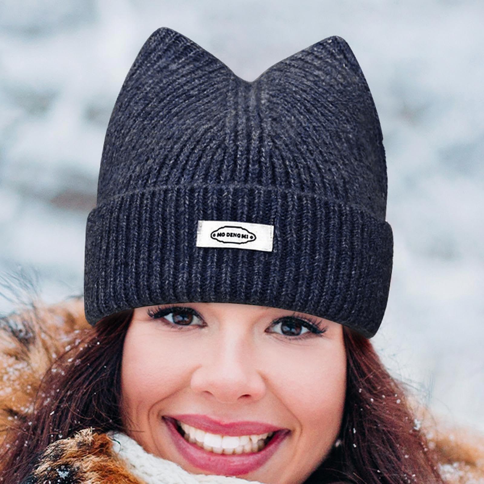 Вязаная зимняя шапка для женщин и девочек Ушки котика Черно-синий, фото №3 Вязаная зимняя шапка для женщин и девочек Ушки котика Черно-синий, фото №3