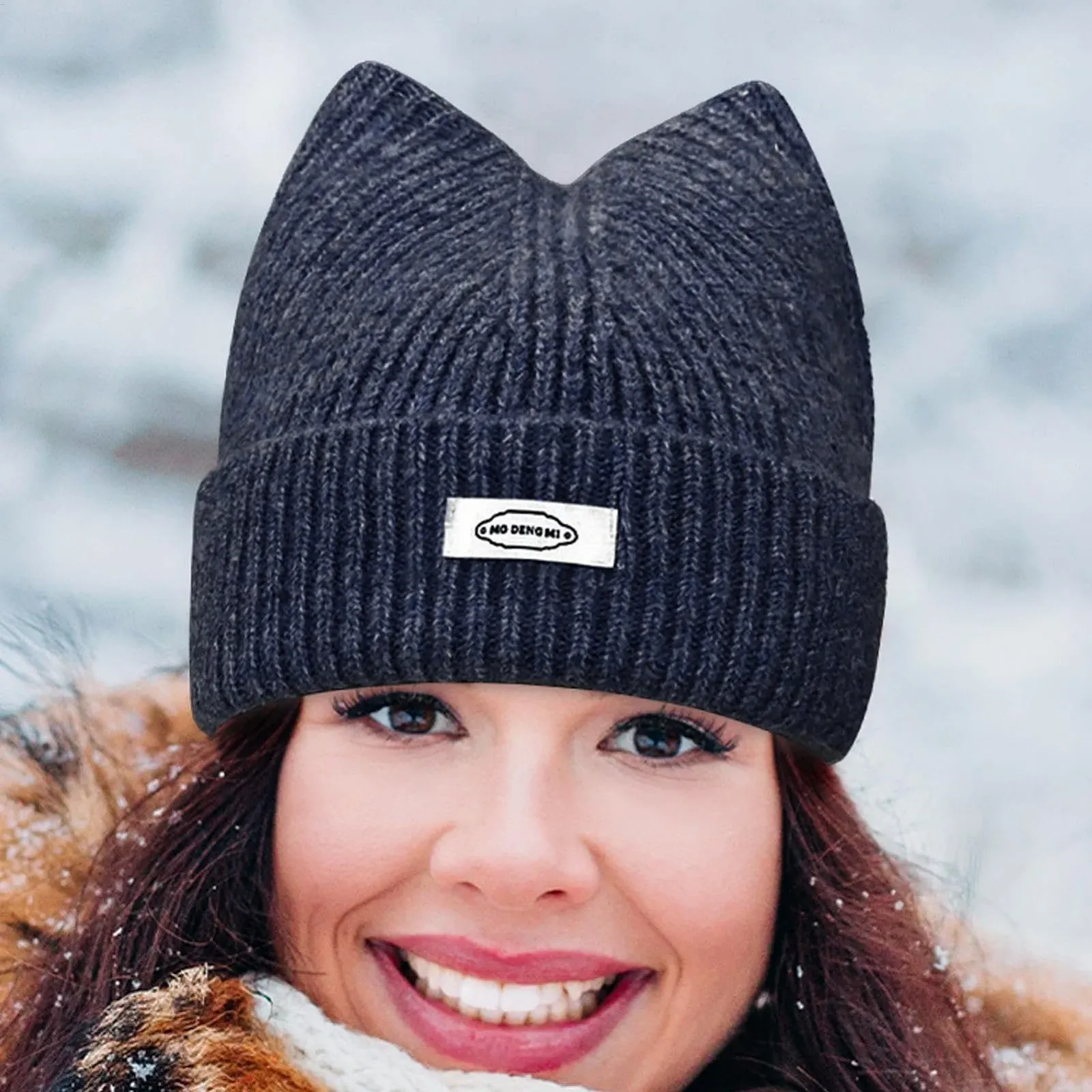 В'язана зимова шапка для жінок і дівчат Вушка котика Чорно-синій, фото №3 В'язана зимова шапка для жінок і дівчат Вушка котика Чорно-синій, фото №3