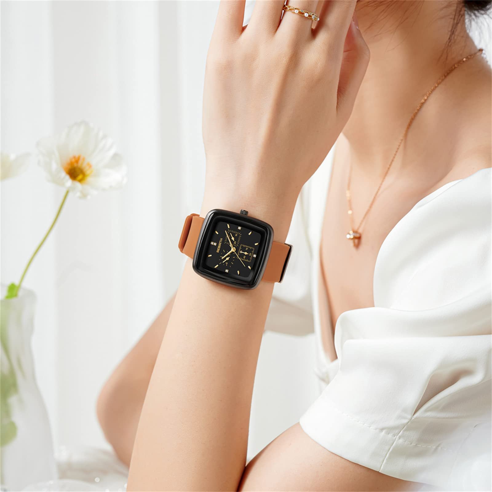 Годинник Кварцовий Аналоговий JewelryWe Чоловічий/Жіночий з Квадратним Циферблатом та Силіконовим Ремінцем, Водонепроникний до 30 метрів, фото №2