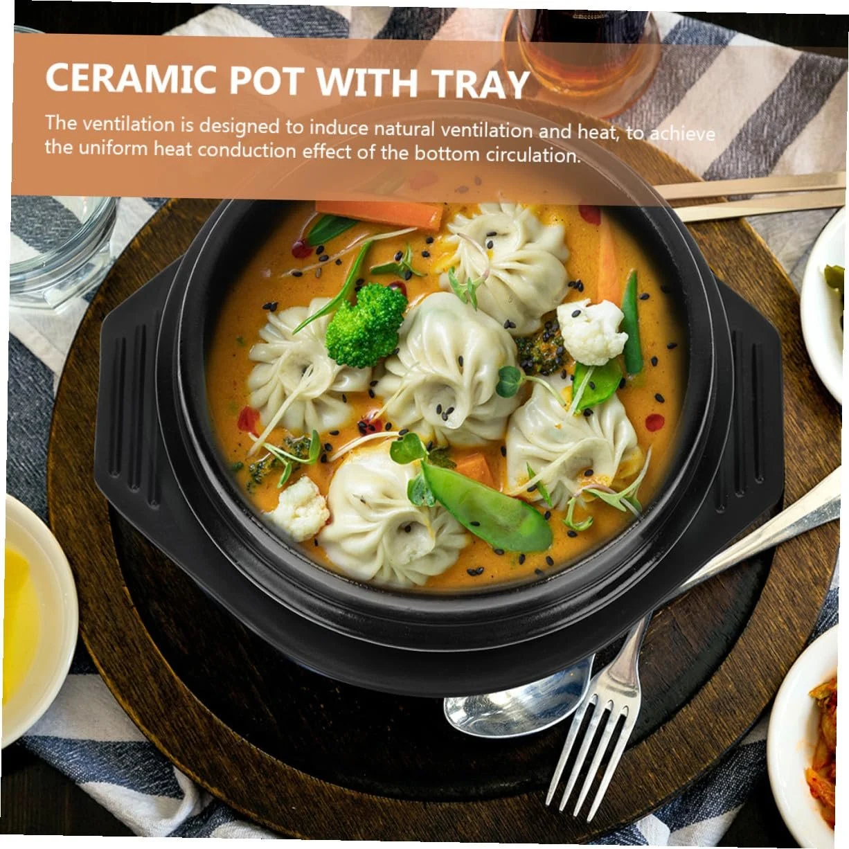 Горщик для запікання керамічний з сервірувальною тацею круглий з подвійною ручкою для бібімбапу та рагу, фото №4