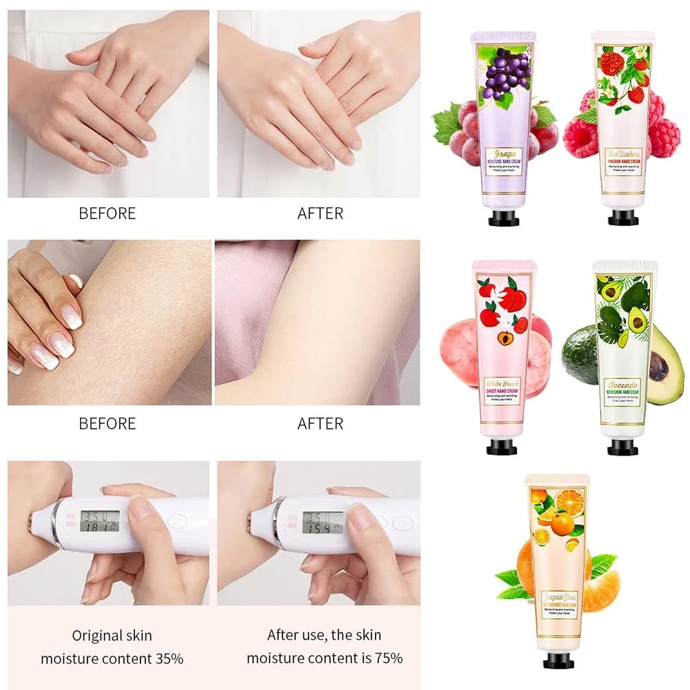 Крем для рук Mini Christmas Набір різдвяних кремів для рук 5 штук Малина, апельсин, білий персик, авокадо та фіолетовий виноград, фото №6