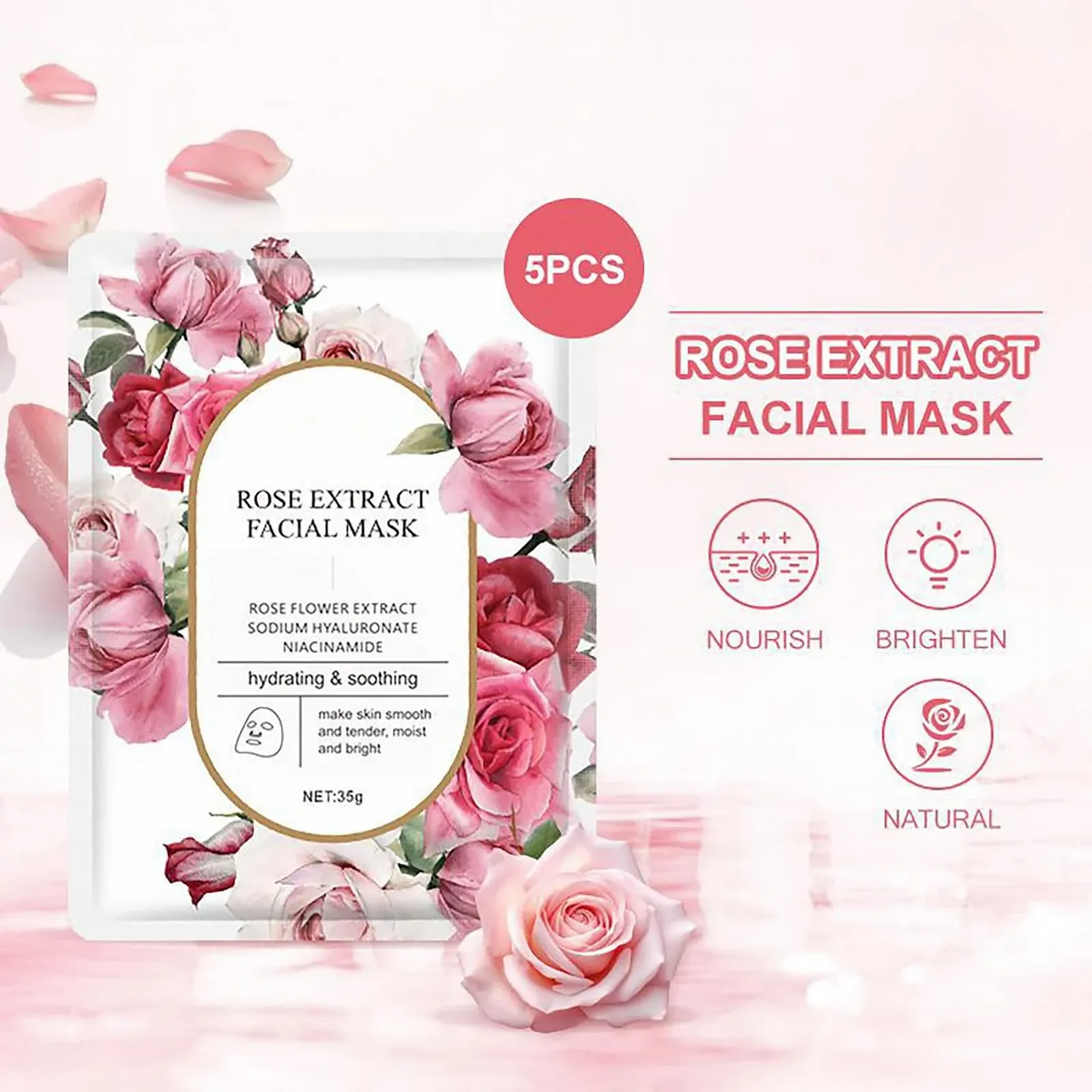 Тканевая маска для лица ARCHIDATE с экстрактом розы, 5 шт. Увлажняющая маска для лица. Набор косметических масок для женщин. Маска для лица против морщин. Маски для красоты, для гладкой упругой кожи, фото №2