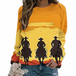 Лонгслив Komiseup Basic Круглый вырез Свободный Свитшот без капюшона Western Cowboy Принт Свитшот Праздничная Спортивная рубашка Модный топ с принтом лошади для девочек-подростков Streetwear 04 - Фото 1