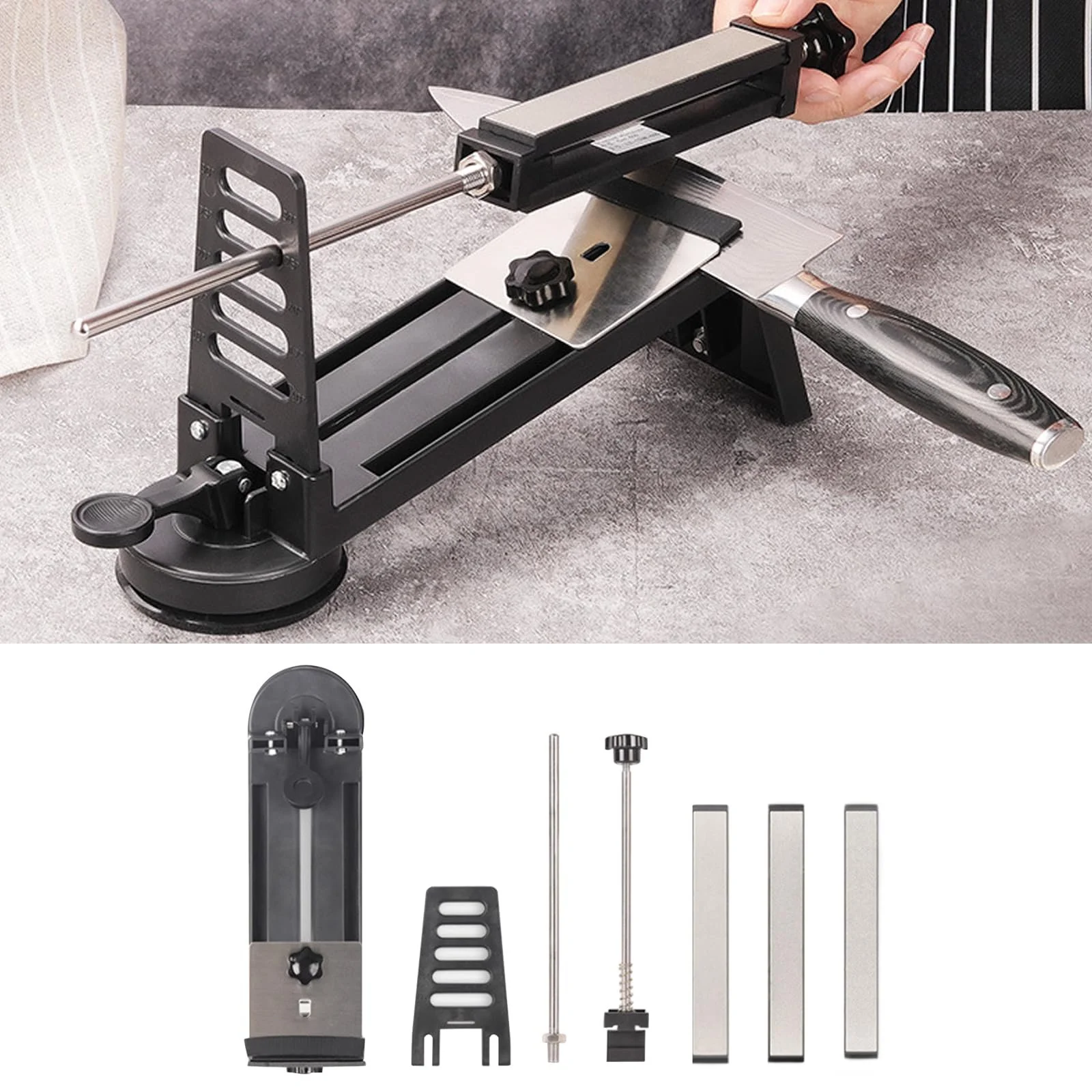 Точило для ножів професійна з нержавіючої сталі з регулюванням кута та набором каменів (A), фото №2