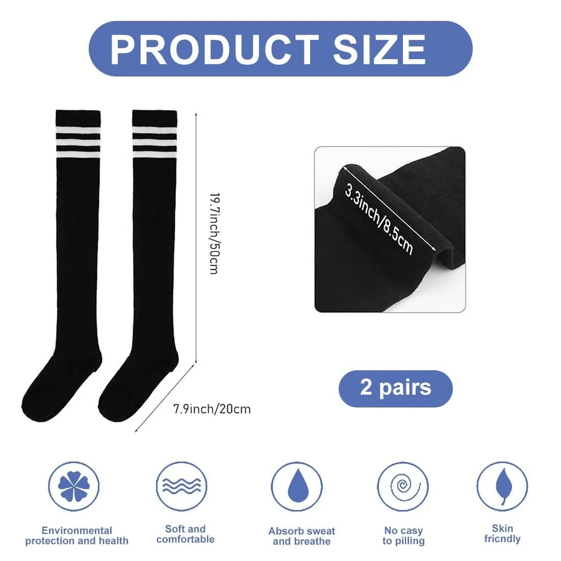 Високі шкарпетки вище коліна жіночі - Чорно-білі смугасті 2 пари, фото №2 Високі шкарпетки вище коліна жіночі - Чорно-білі смугасті 2 пари, фото №2