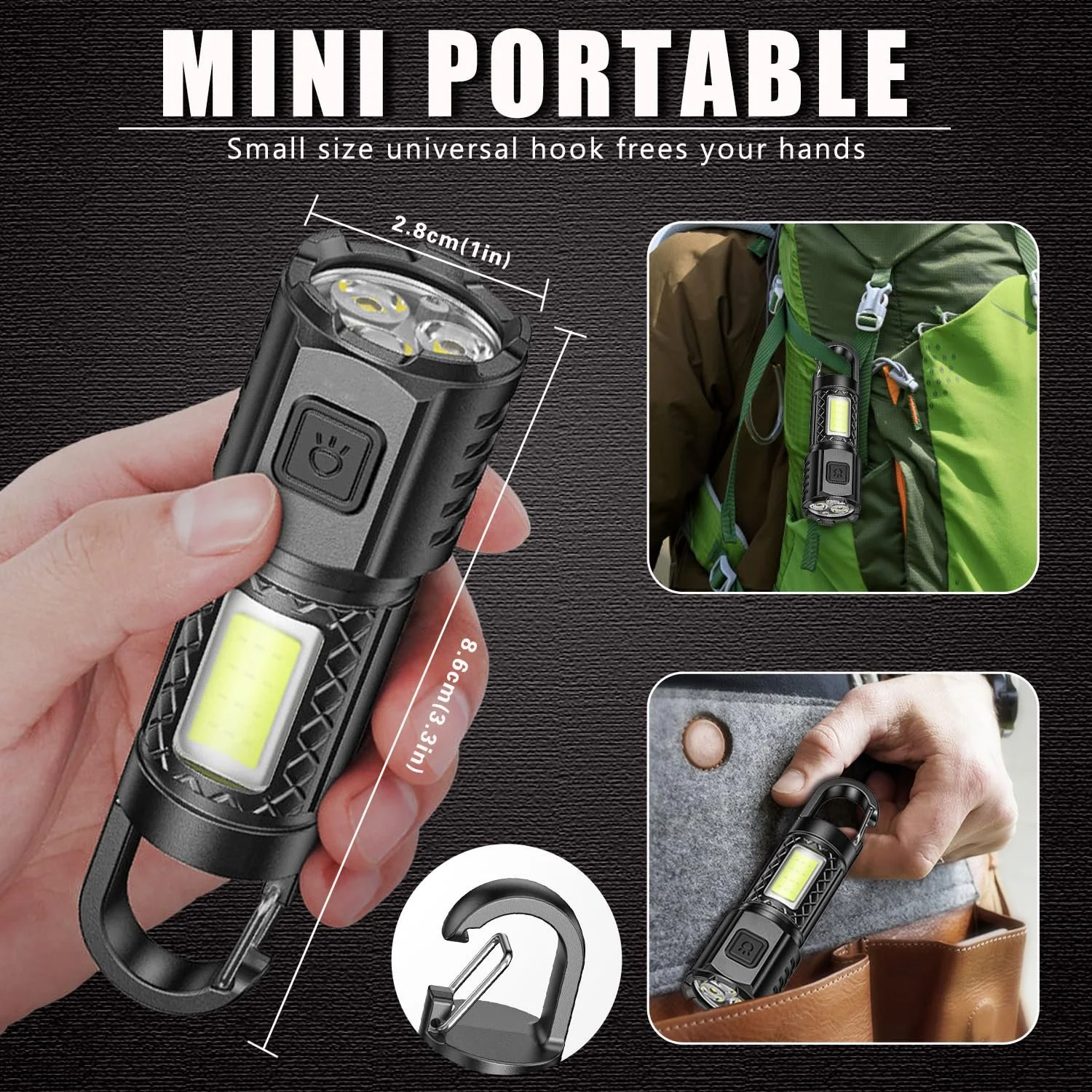Фонарик LED MODOAO Перезаряжаемый Светодиодный Фонарь для Кемпинга 3 Режима Яркости Мини-Фонарик с Крючком Супер Яркий Водонепроницаемый COB Фонарик для Кемпинга, Пешего Туризма, Активного Отдыха, Чрезвычайных Ситуаций (Набор из 5), фото №4