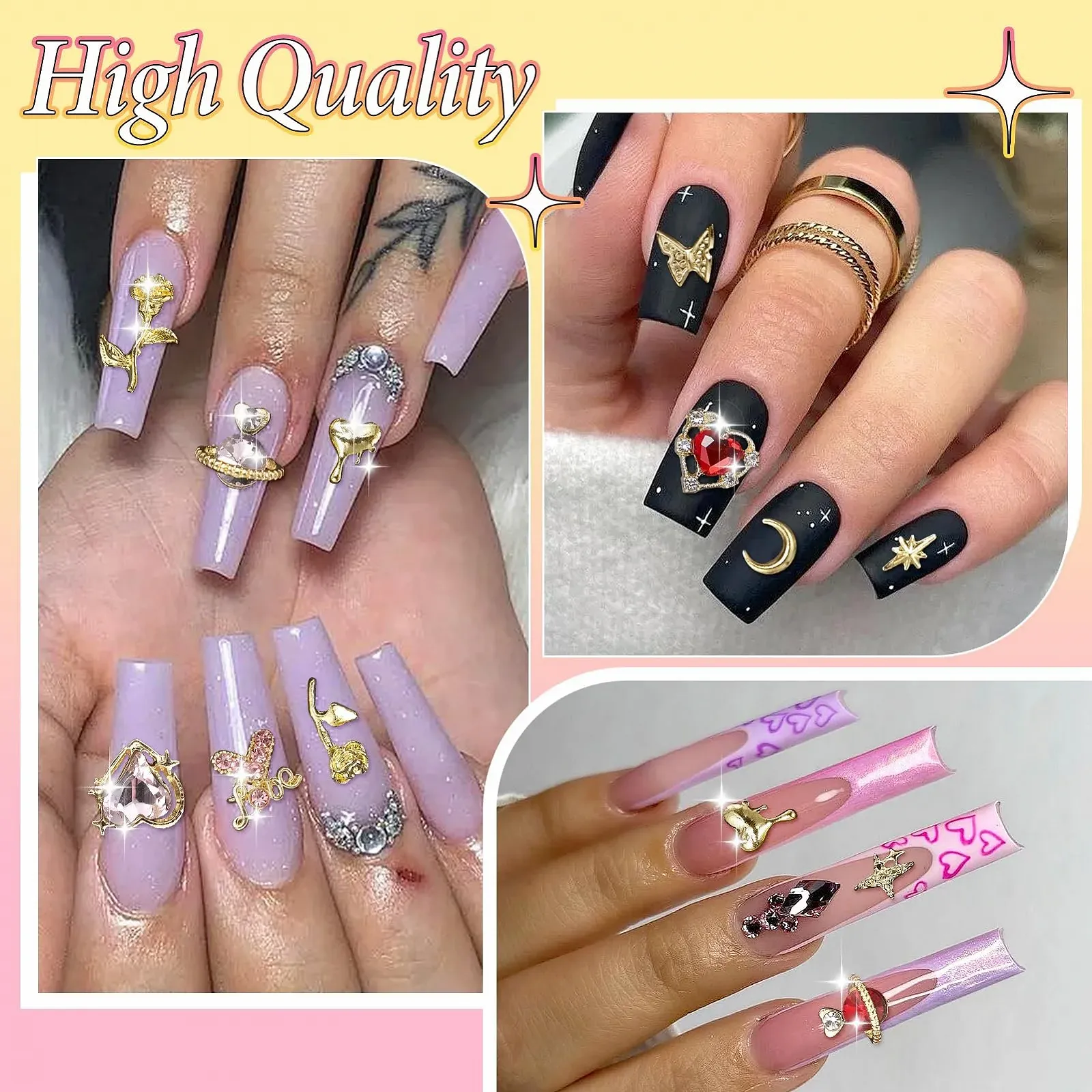 Прикраса для нігтів Серце, Роза, Метелик, Діамант, Золотий, 320 шт, фото №5