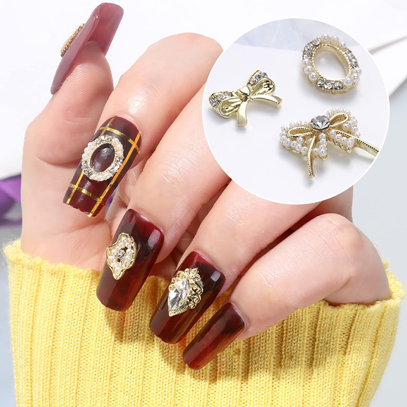 Стрази для нігтів, 70 шт (10 шт) для DIY мистецтва, блискучі, змішаної форми, з пласкою задньою частиною, золотистого кольору, фото №5