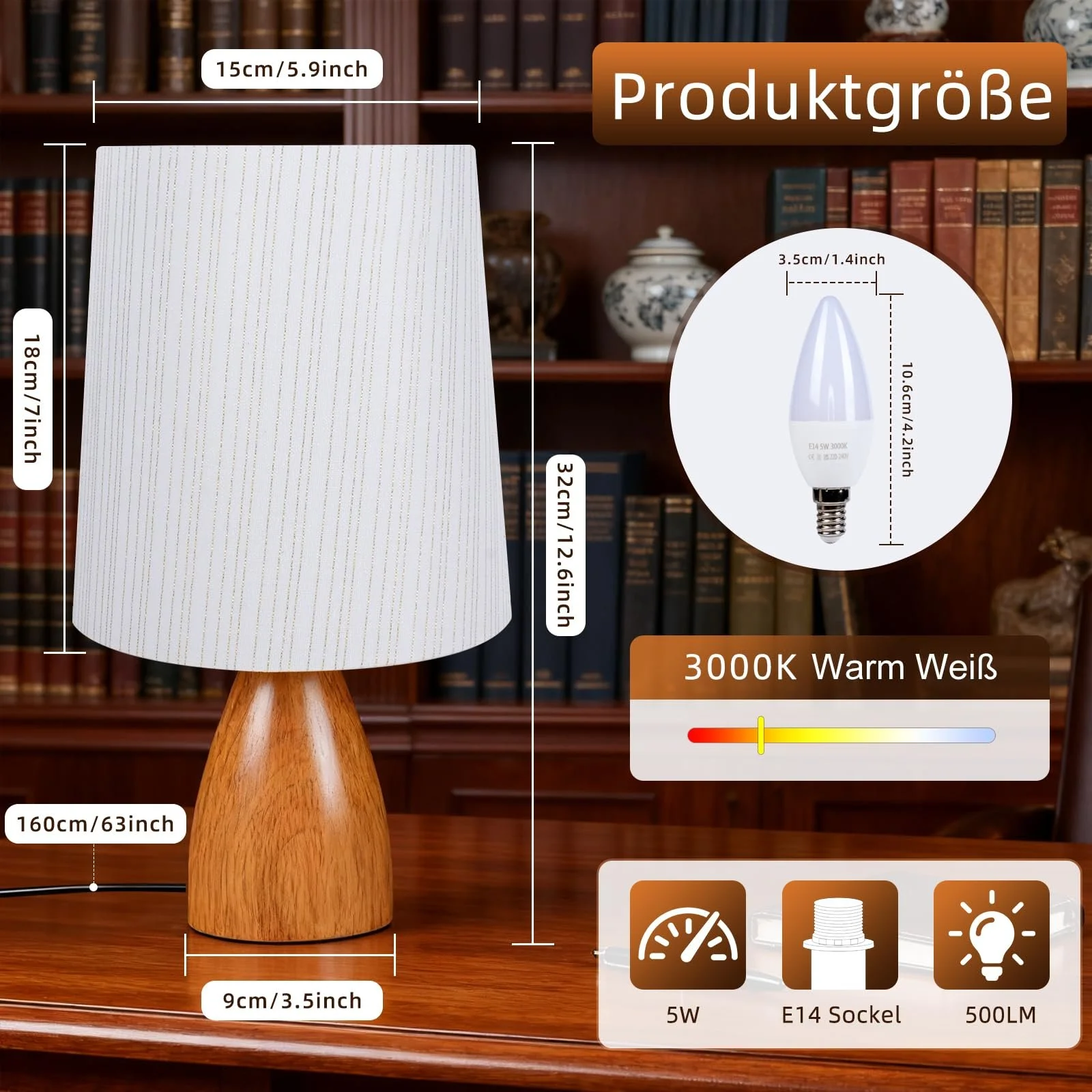 Настільна лампа Aukimo Wood Бежева Льняна E14 3000 K LED, фото №5