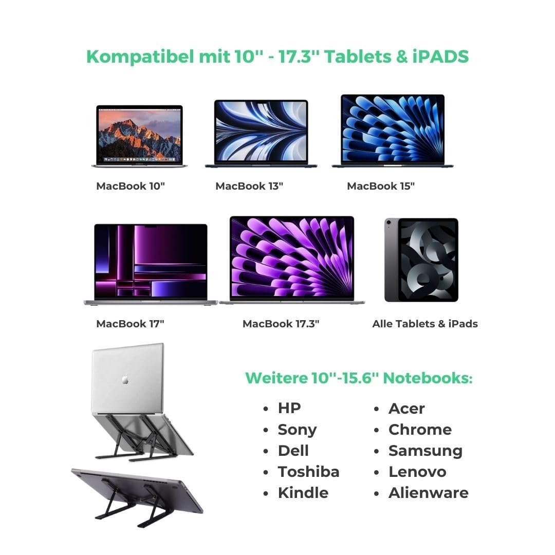 Функциональная Подставка для Ноутбука MacBook Pro/Air, HP, Sony, Dell & Все 10 - 15.6 Дюймовые Ноутбуки & Планшетные ПК, Многоуровневая Регулируемая Высота, Вентилируемая Открытая Алюминиевая Рама, Складная, Защитный Чехол, Черная, фото №2
