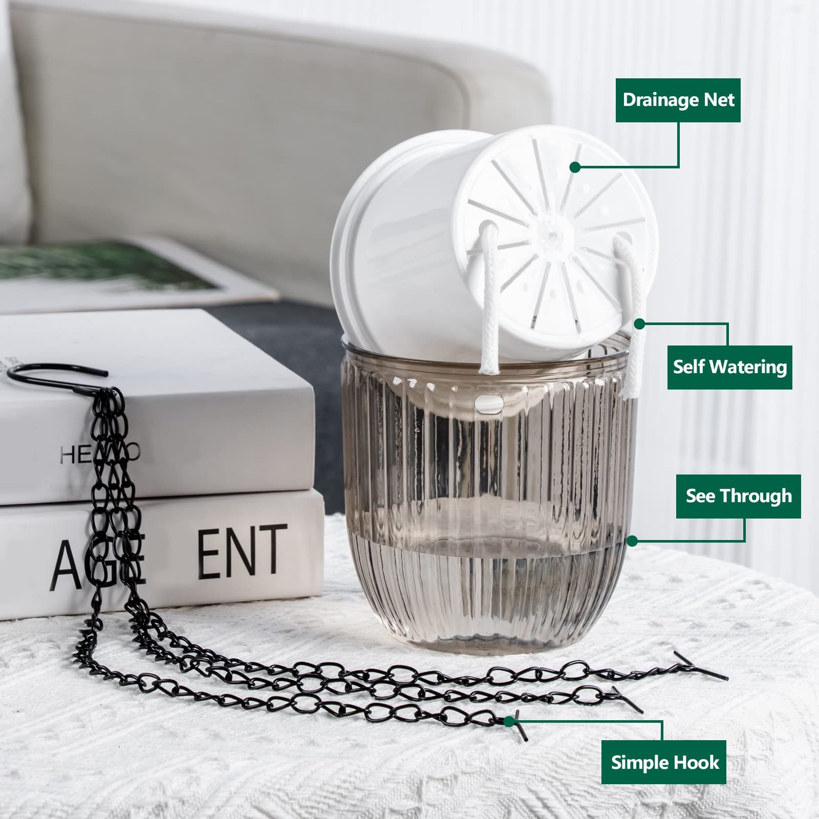 Підвісний вазон із самополивом 4,5" Набір 3 шт. з дренажними отворами, фото №4