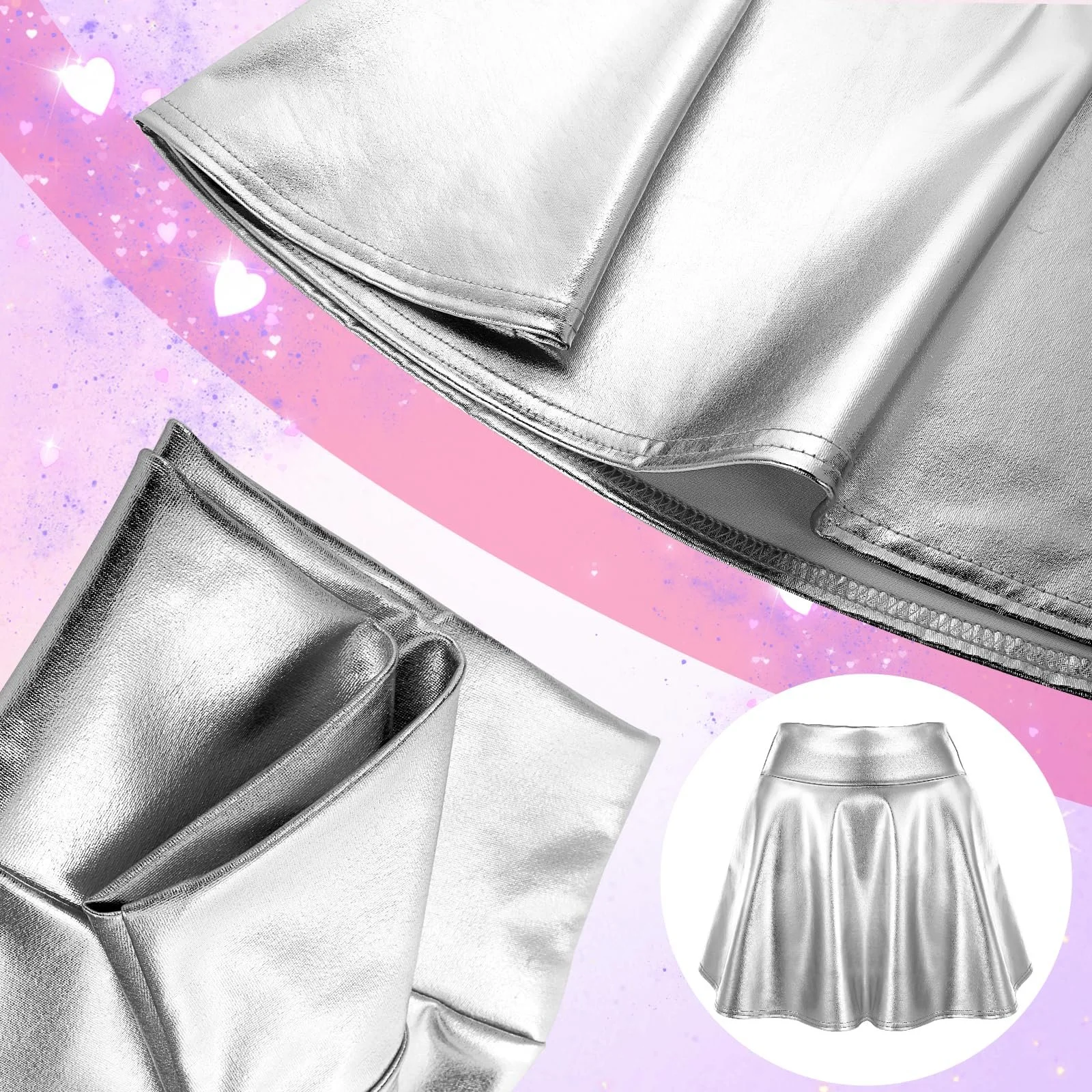 Блестящая юбка Женская мини-юбка клеш Плиссированная юбка с высокой талией Блестящая юбка Металлик для карнавала Хэллоуин Юбка-скейтер Металлик для женщин и девушек, фото №3