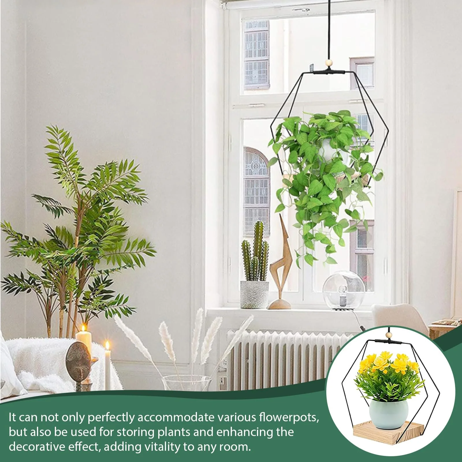 Кашпо подвесное металлическое кольцо с деревянным основанием шестигранное 2 шт черное, фото №4