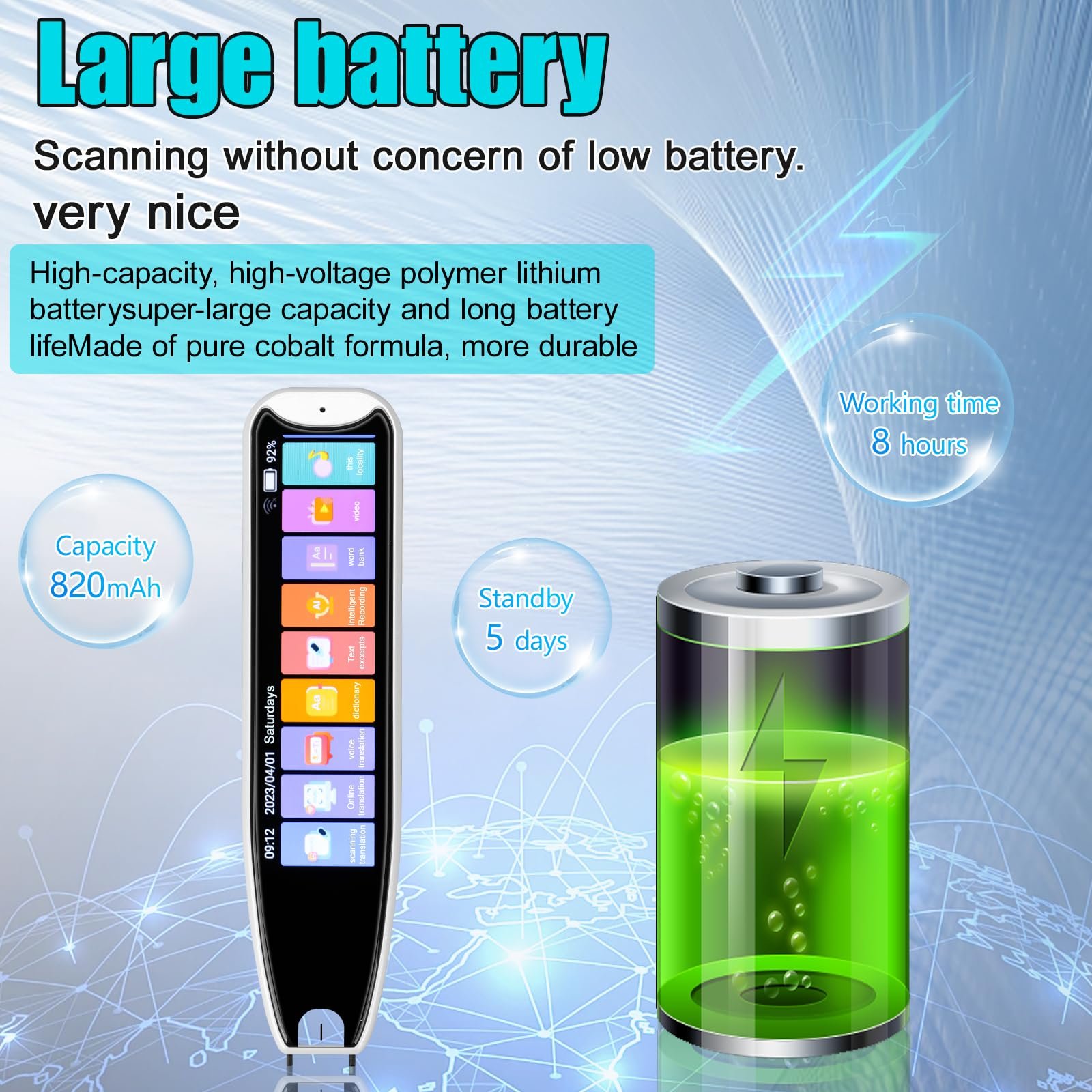 Ручка-перекладач сканер WingFly, 3,7-дюймовий сенсорний екран, інтелектуальна, фото №5