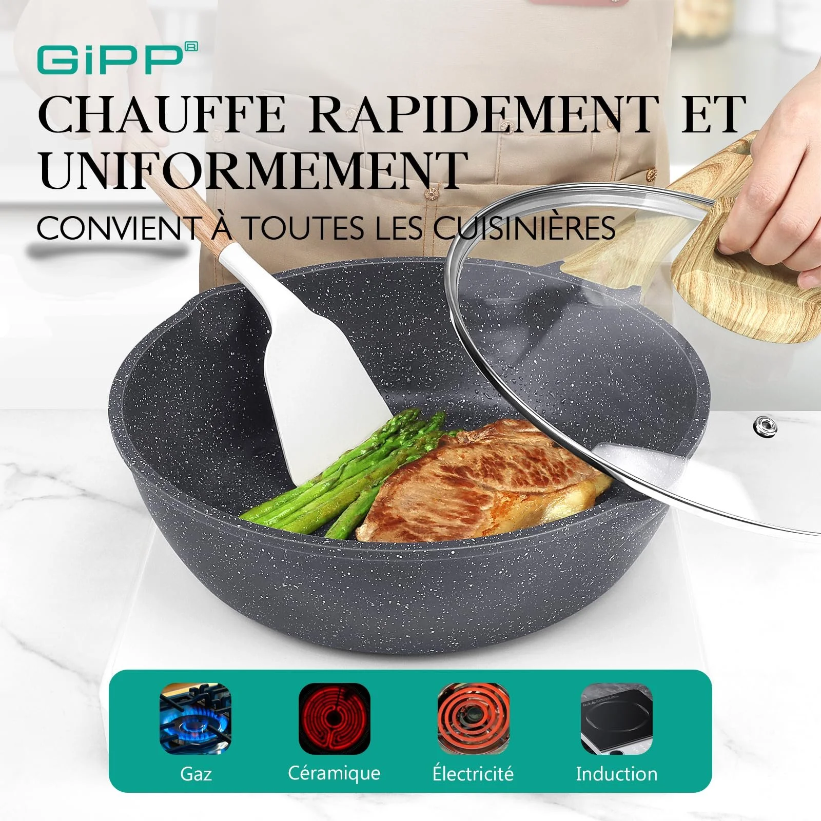 Сковорідка-вок GiPP Sauté Pans з високими стінками 28 см, антипригарна, з кришкою, 4.3 л, керамічне антипригарне покриття, сіра, фото №3 Сковорідка-вок GiPP Sauté Pans з високими стінками 28 см, антипригарна, з кришкою, 4.3 л, керамічне антипригарне покриття, сіра, фото №3