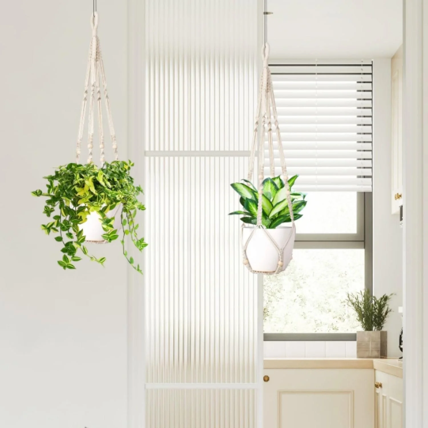 Підвісне кашпо Macrame 90 см бавовняне мотузяне Бежеве, фото №6 Підвісне кашпо Macrame 90 см бавовняне мотузяне Бежеве, фото №6