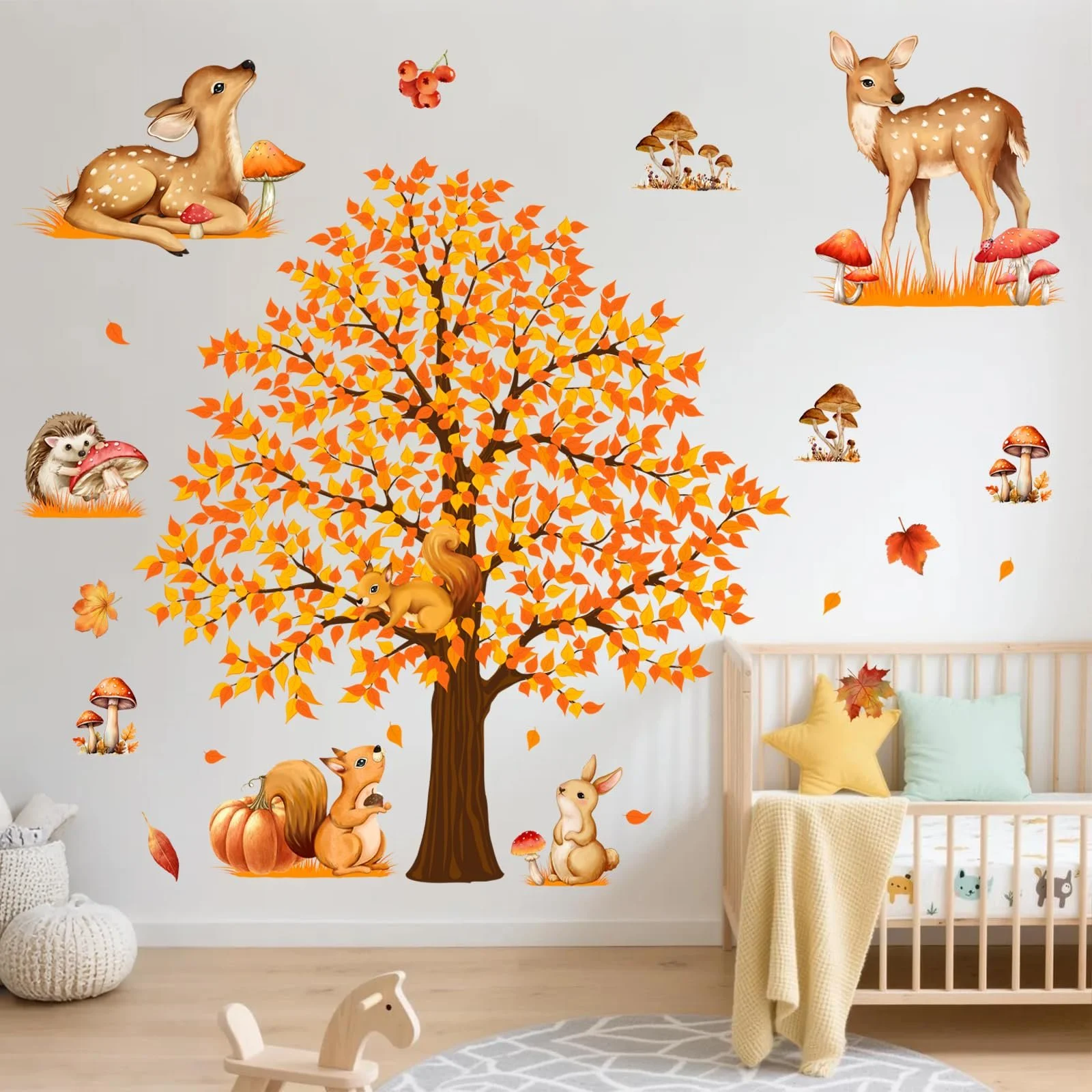 Наклейка на стіну Лісові тварини Олень, білка, їжак, гриби Для дитячої кімнати ПВХ Матова, фото №3