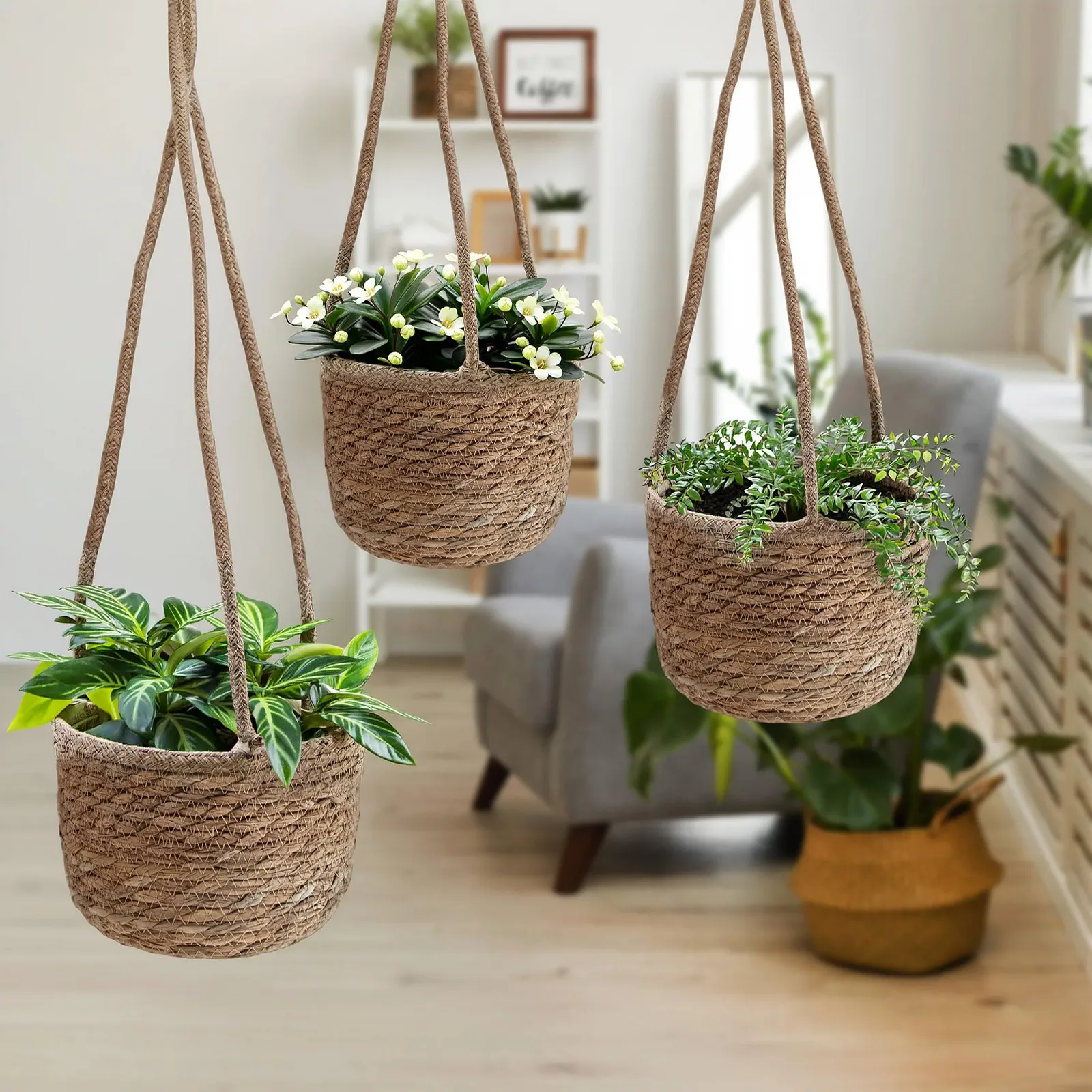 Підвісні корзини Spetebo з морської трави Набір з 3 шт. Натуральний 23/20/17 см, фото №6 Підвісні корзини Spetebo з морської трави Набір з 3 шт. Натуральний 23/20/17 см, фото №6