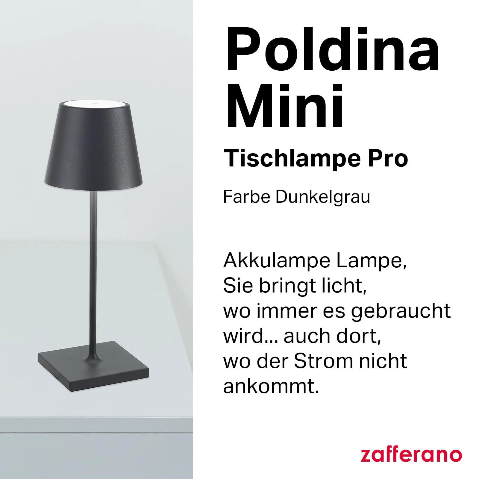 Настільна лампа Zafferano Poldina Pro Mini Wireless Rechargeable Touch Dimmer 2200-3000 К 30 см Темно-сіра, фото №2