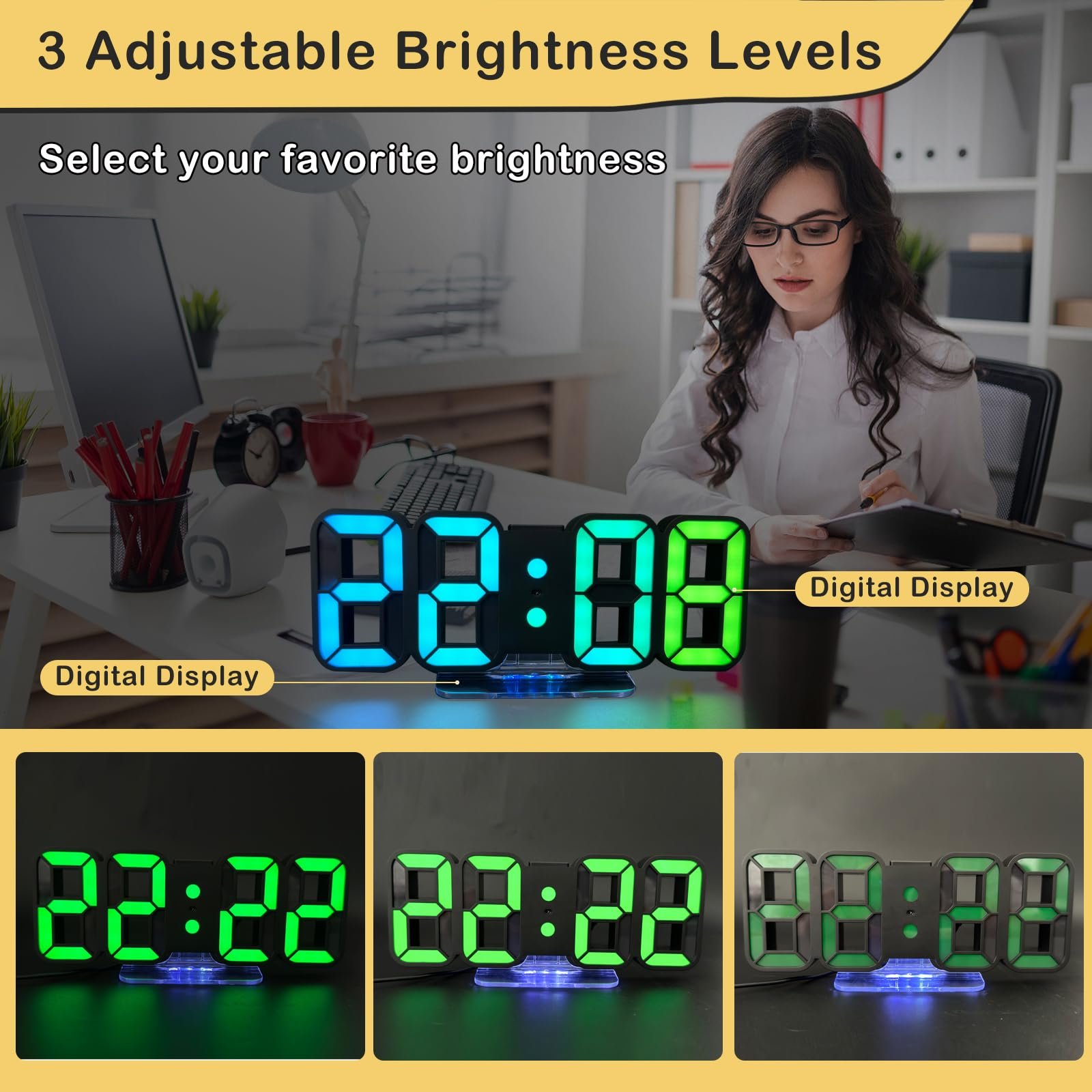 3D LED Цифровий Будильник Seutgjie, Настільний/Настінний Годинник, 14 RGB Зміни Кольорів, фото №6