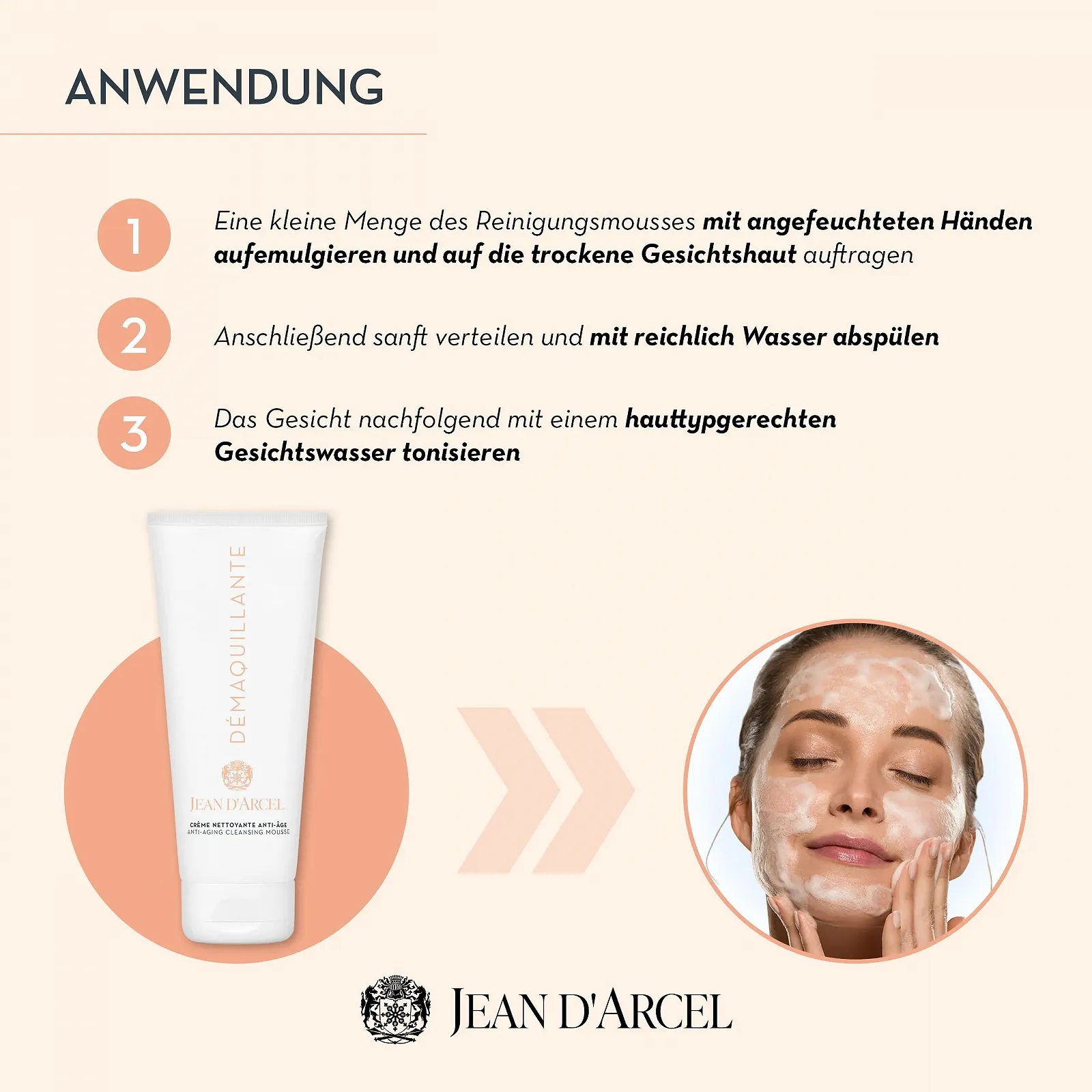 Мус для вмивання JEAN D'ARCEL DMAQUILLANTE Cr\u00e8me Nettoyante Anti-Ageing з мигдалевою олією та алантоїном 200 мл, фото №3