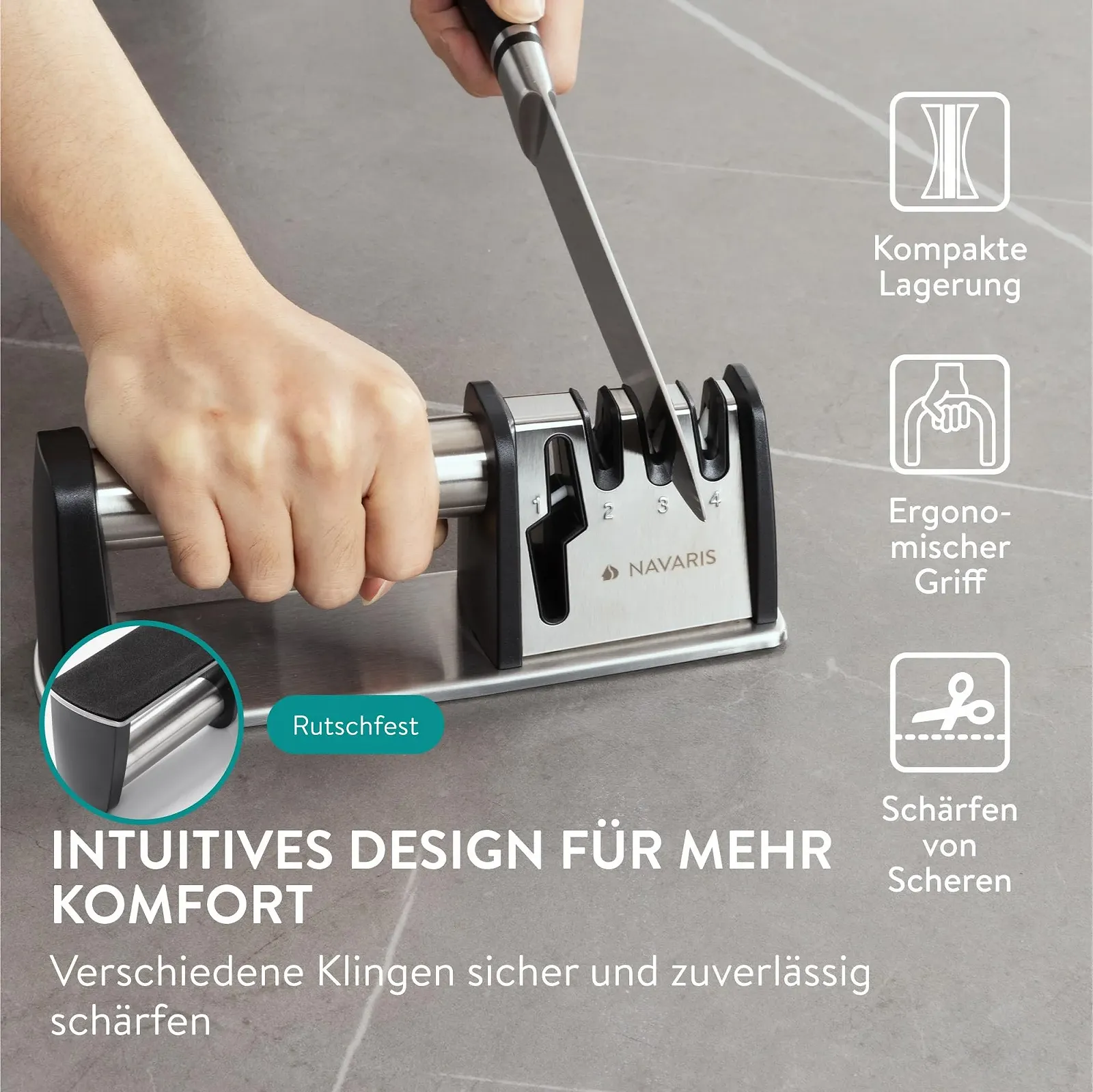 Точилка для ножів та ножиць Navaris Professional 3-ступінчаста нержавіюча сталь, фото №4 Точилка для ножів та ножиць Navaris Professional 3-ступінчаста нержавіюча сталь, фото №4