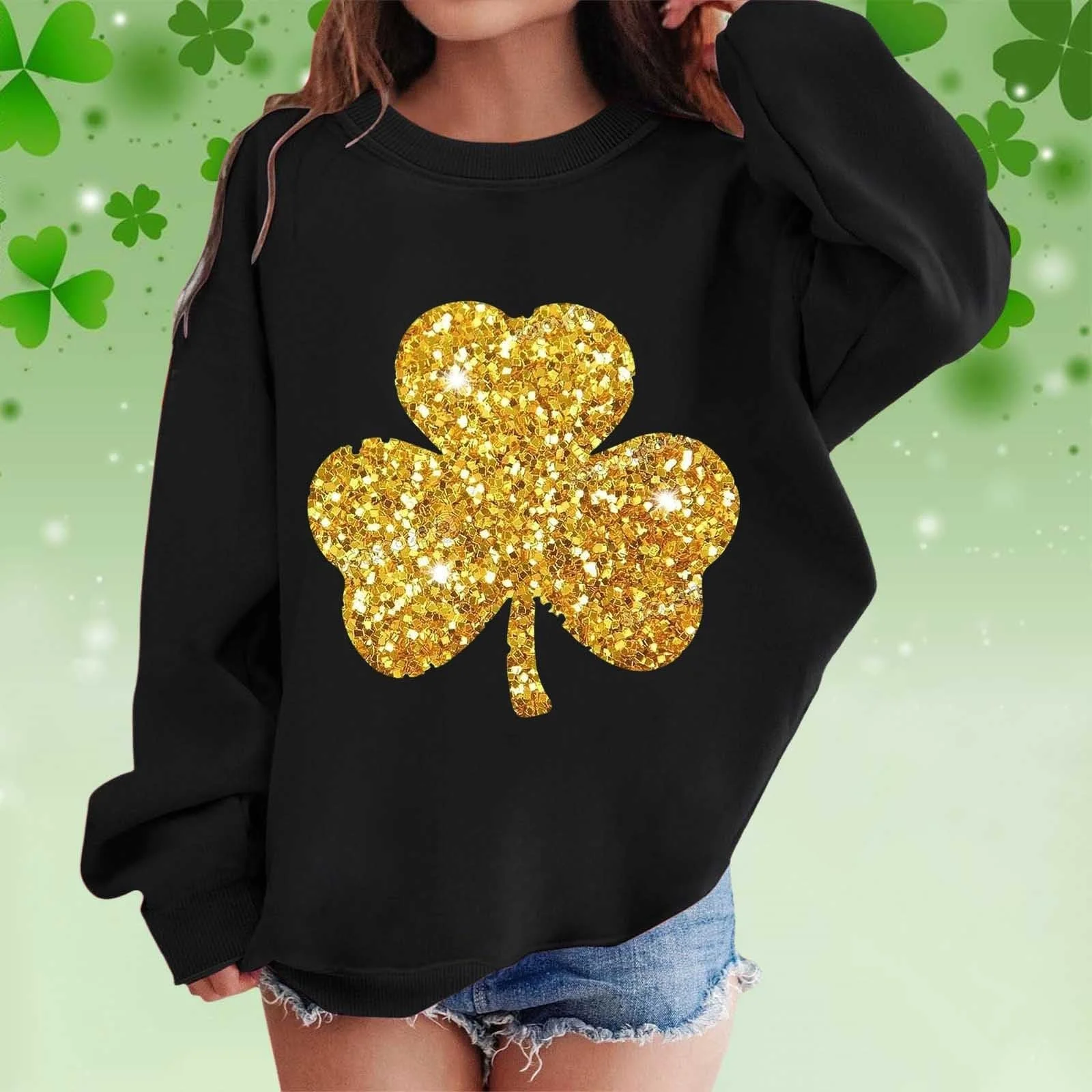 Пуловер для девочки С графическим принтом ко Дню Святого Патрика, круглый вырез, длинные рукава, милый пуловер с приспущенными плечами, фото №3