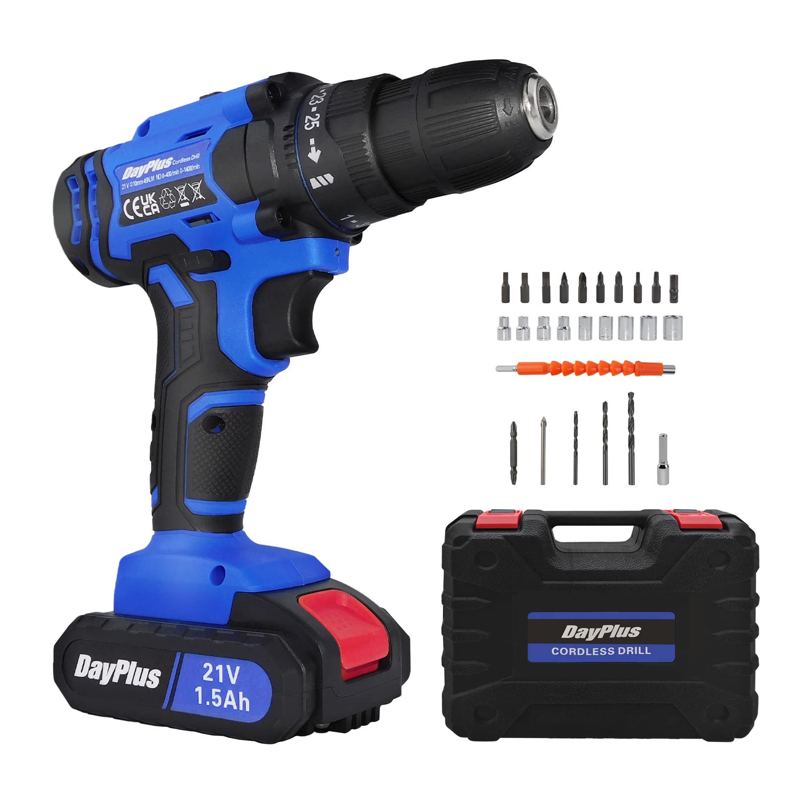 Аккумуляторная дрель 1500 мА·ч 3/8 дюйма Бесключевой патрон 2 скорости Макс 1400 об/мин 25+1 Нм Портативная отвертка с 26 сверлами и кейсом, фото №1
