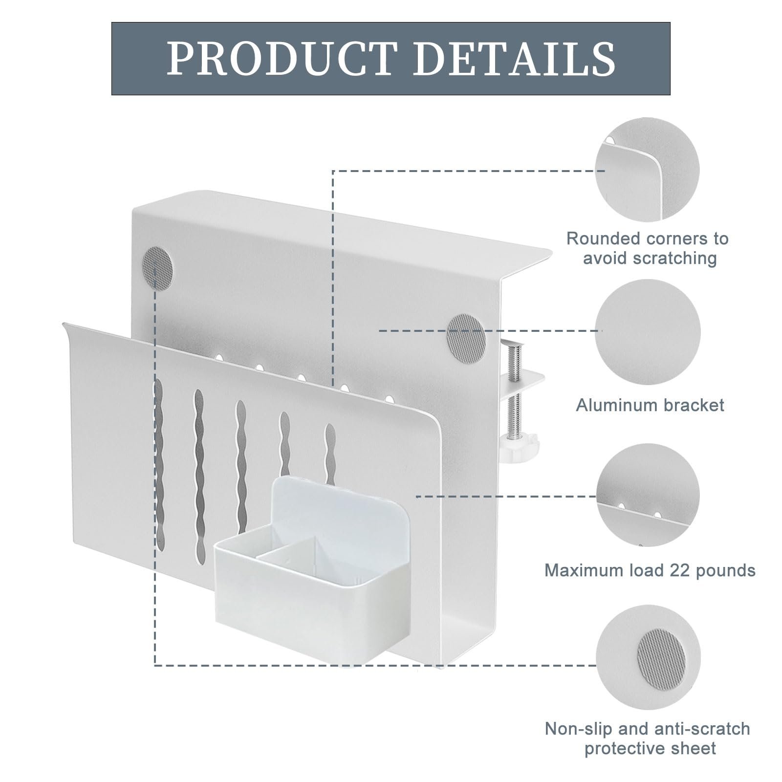 Настольный органайзер для стола Держатель ПК Подвесной стальной органайзер для стола Без сверления Кабельный канал Держатель кабеля с держателем для ручек для офиса дома (одинарный слой белый), фото №5