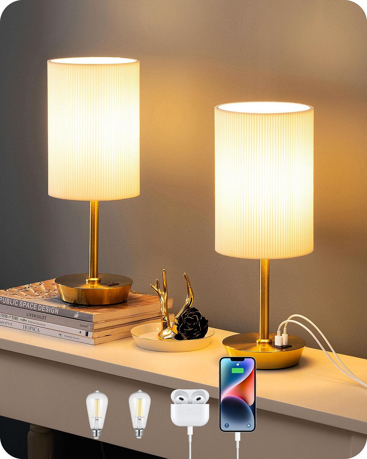 Світлодіодна настільна лампа EDISHINE набір із 2 шт. сенсорна з димером 2 USB золота, фото №8