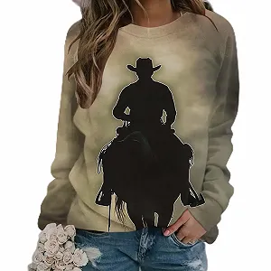 Лонгслив Komiseup Basic Круглый вырез Свободный Свитшот без капюшона Western Cowboy Print Праздничная Спортивная рубашка Модный топ с принтом лошади для девочек-подростков Streetwear 03 - Фото 1