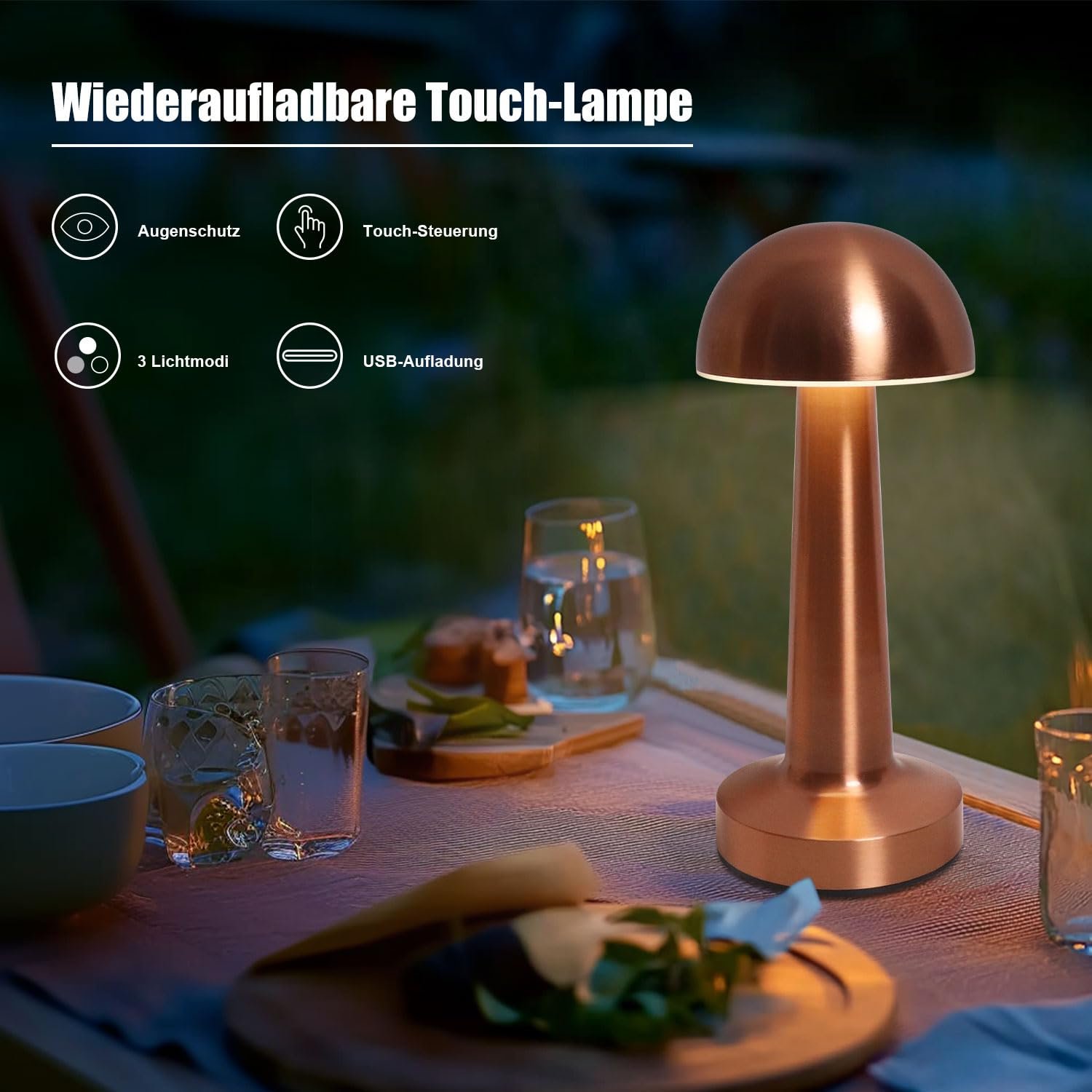 Настільна лампа EXTRASTAR Mushroom LED Сенсорна Акумуляторна Металік + Червоний, фото №3