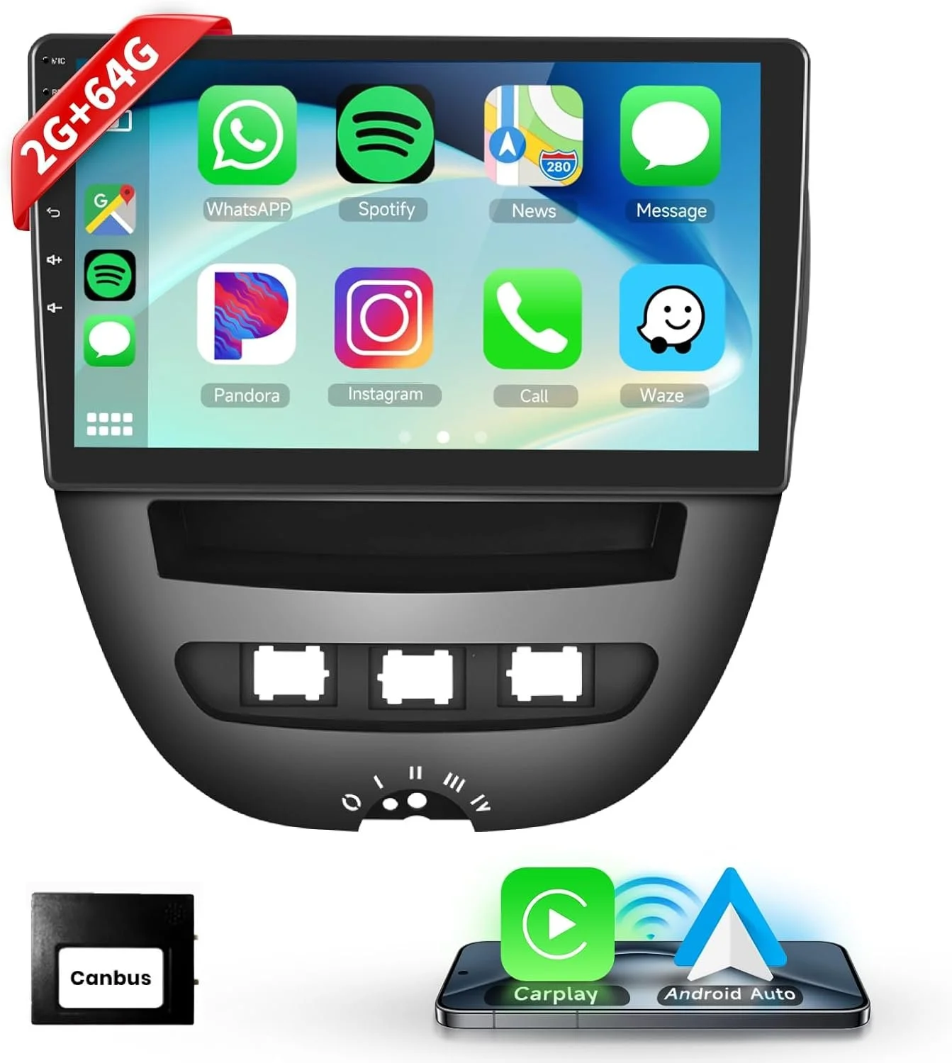 Штатная автомагнитола PODOFO для Citroen C1 Toyota Aygo Peugeot 107 / 10.1" / Сенсорная / 2/64Гб / Android 13 / Apple CarPlay / Android Auto / Bluetooth / WI-FI / GPS / USB, фото №1